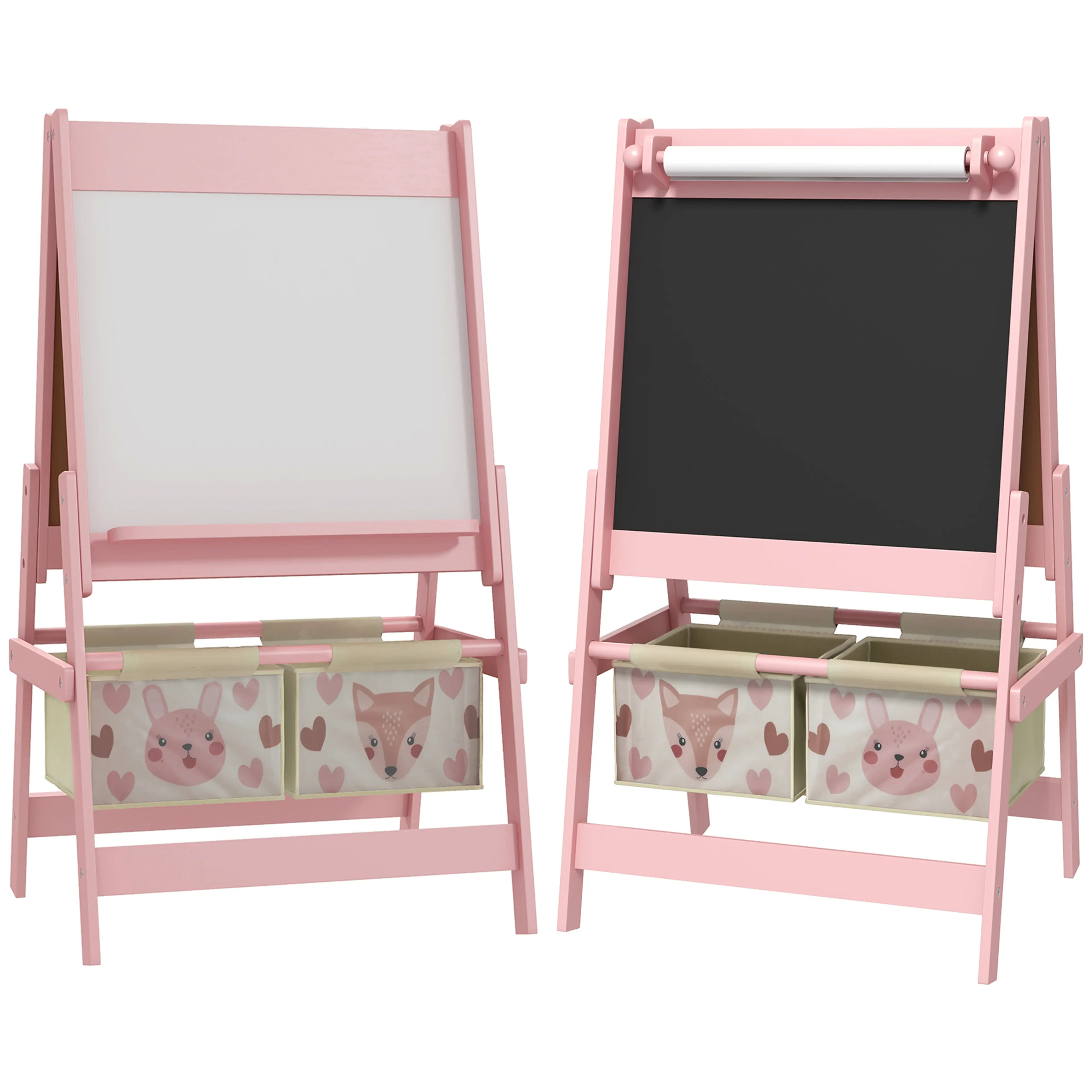 Rosa barnstaffli sett från båda sidor, med whiteboard, krittavla, pappersrulle och två tygkorgar med räv och kanin