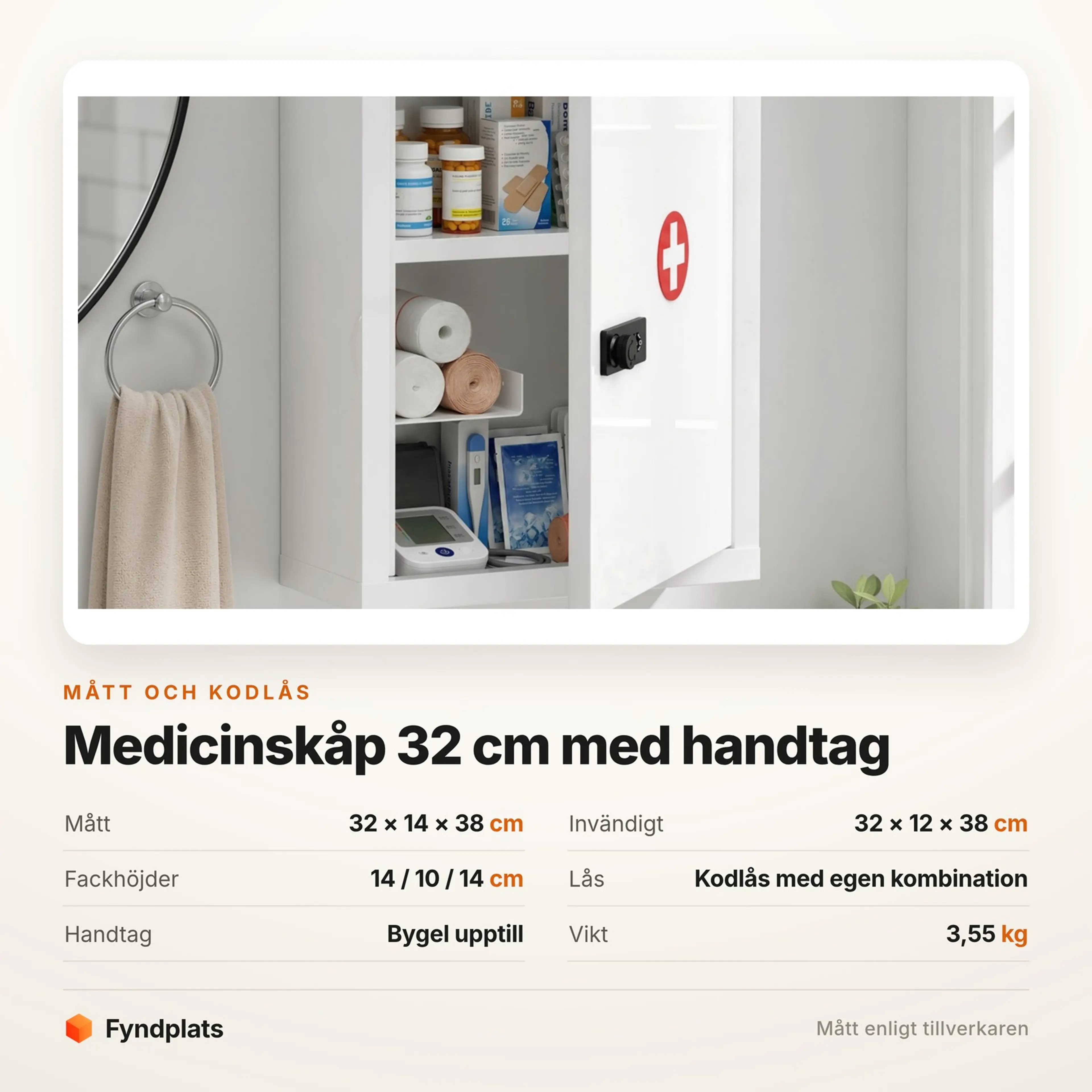 Faktakort: skåpet 32 × 14 × 38 cm med fackhöjderna 14 / 10 / 14 cm och kodlås