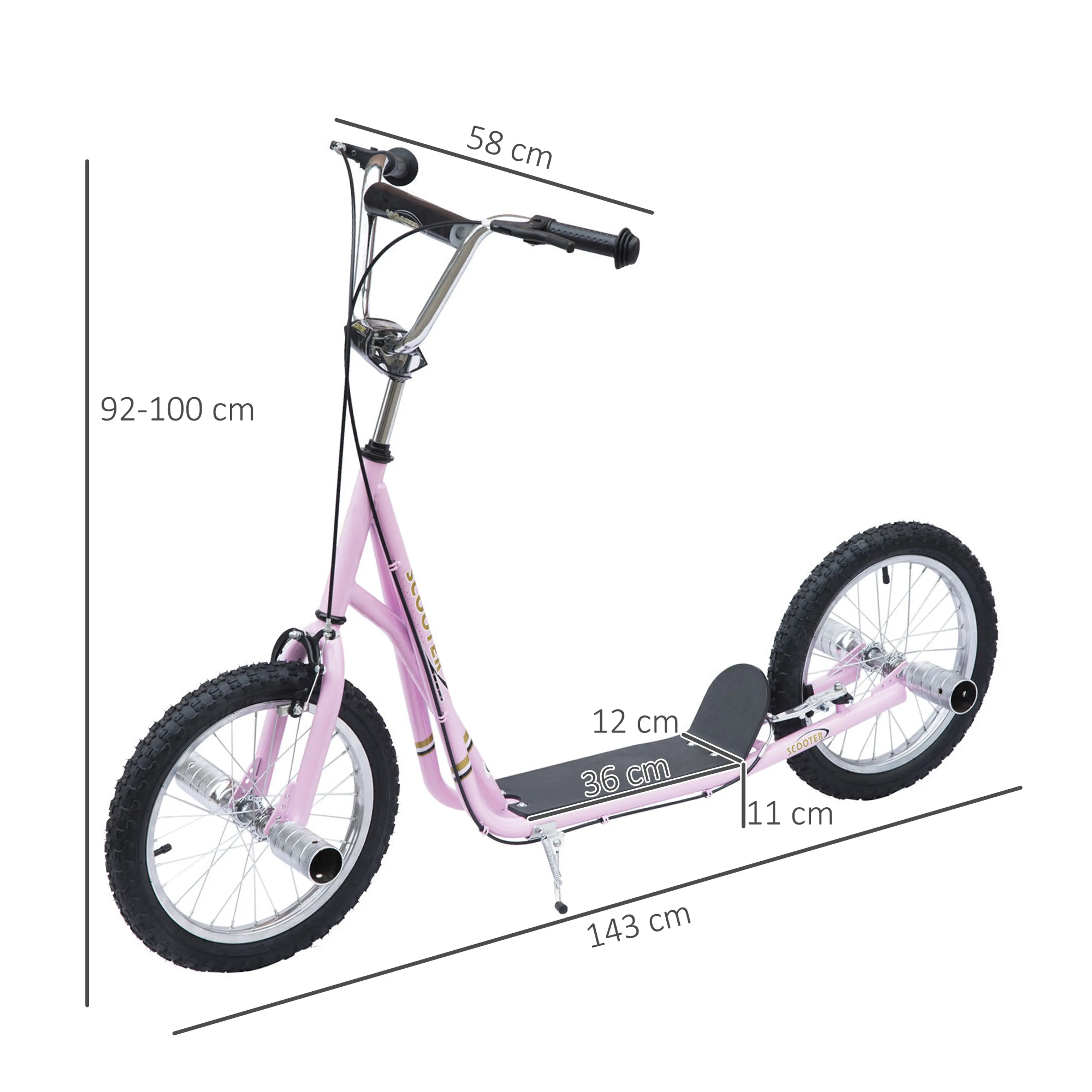 Måttritning för sparkcykel: 143 cm lång, 58 cm bred och styre 92–100 cm