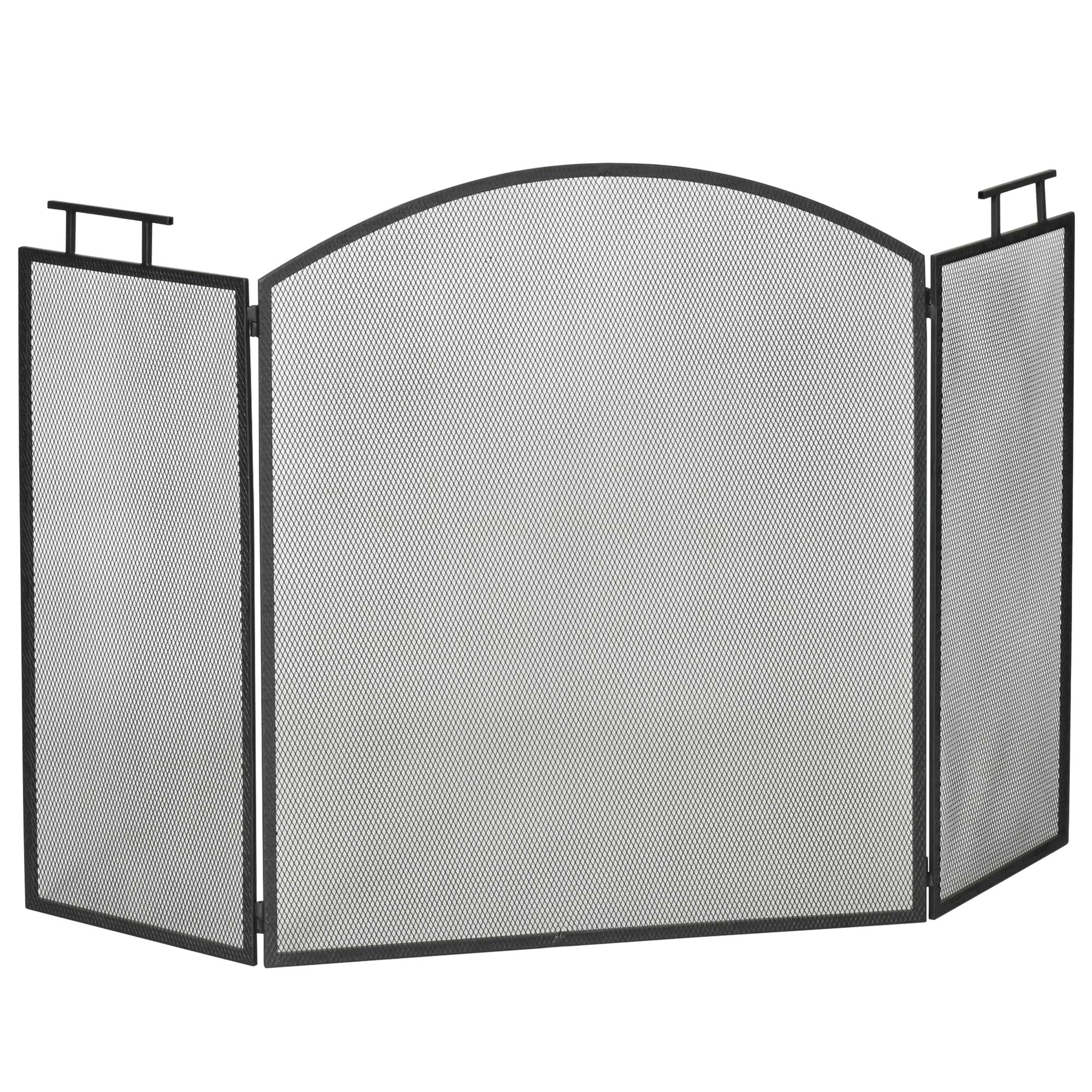 Gnistskydd i svart metallnät med välvd mittpanel och sidopaneler med handtag