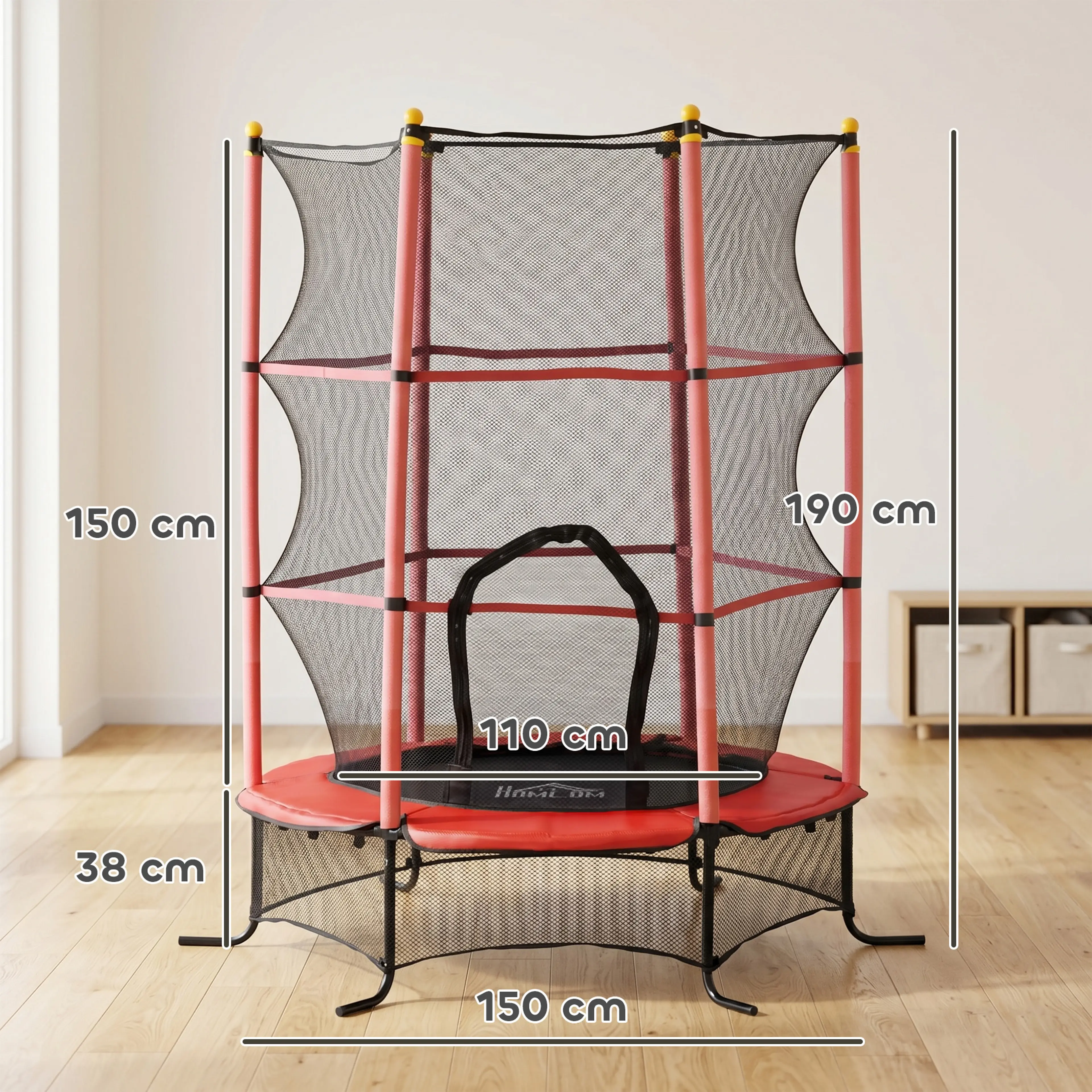 Måttskiss: skyddsnätet 150 cm, totalhöjden 190 cm och hoppytan Ø110 cm på 38 cm höjd