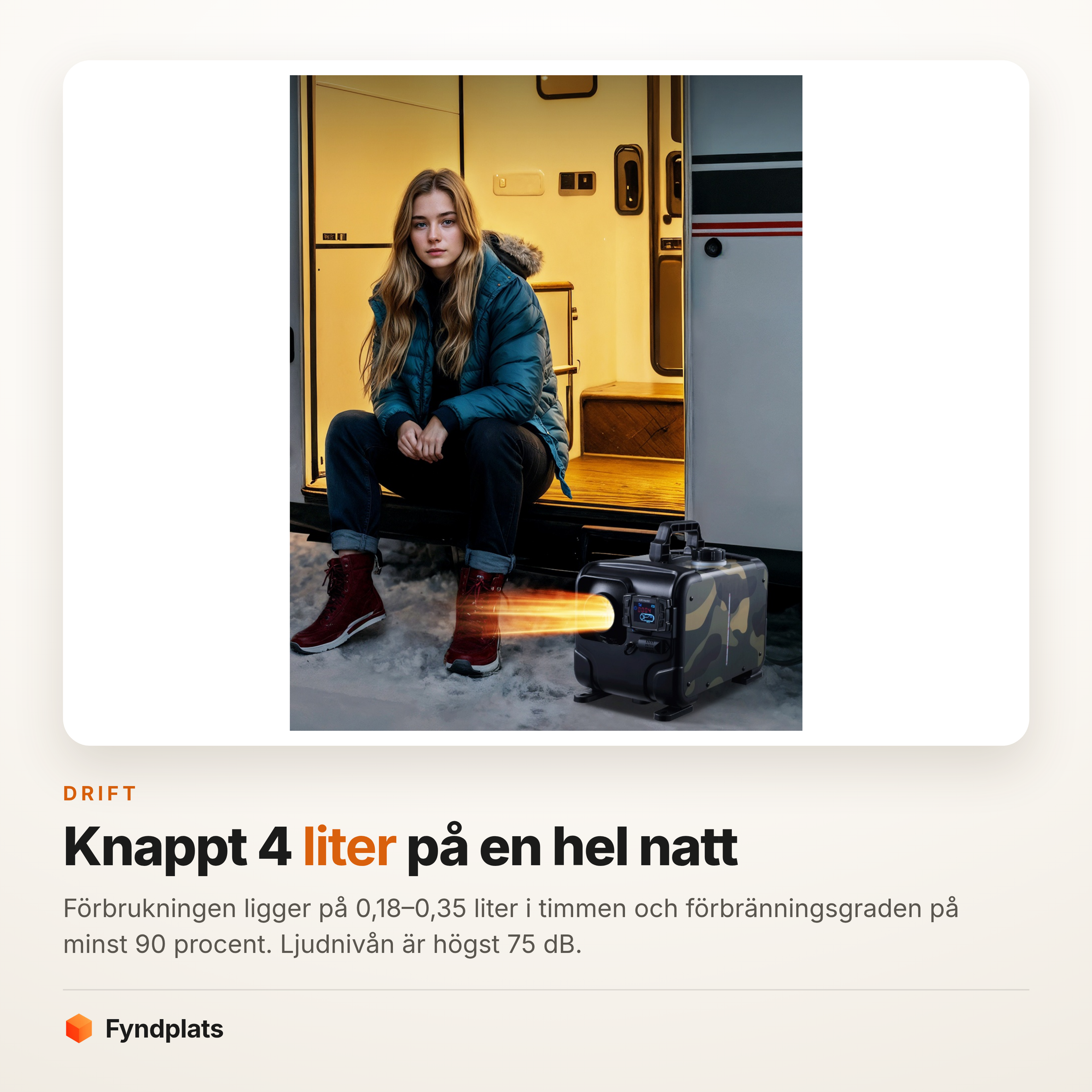 Värmaren igång utanför en husbil i snön – knappt fyra liter diesel räcker en hel natt