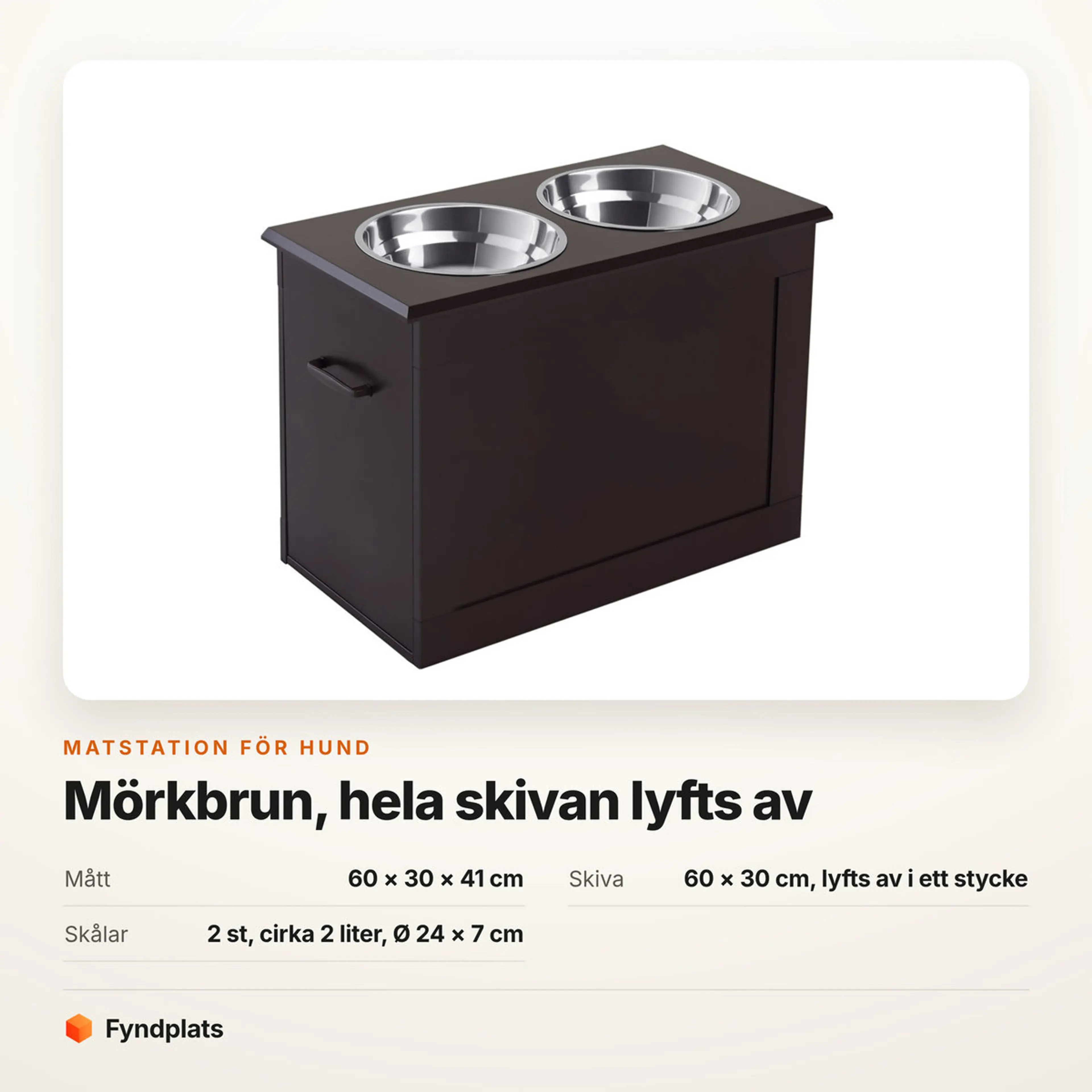 Faktakort: mått 60 × 30 × 41 cm, avlyftbar skiva och skålar 2 liter
