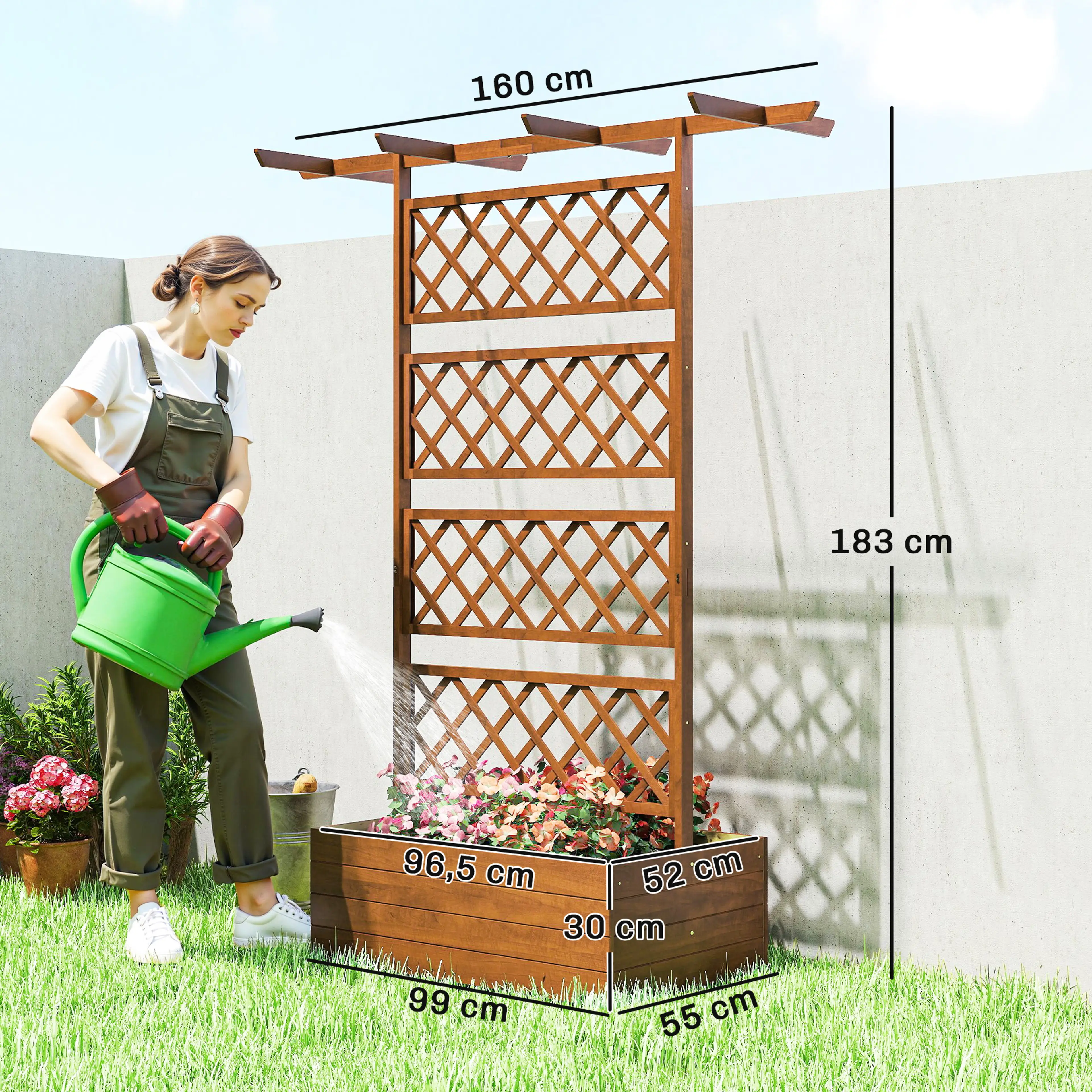 Måttbild: odlingslådan är 160 cm bred och 183 cm hög, planteringsytan 96,5 × 52 cm