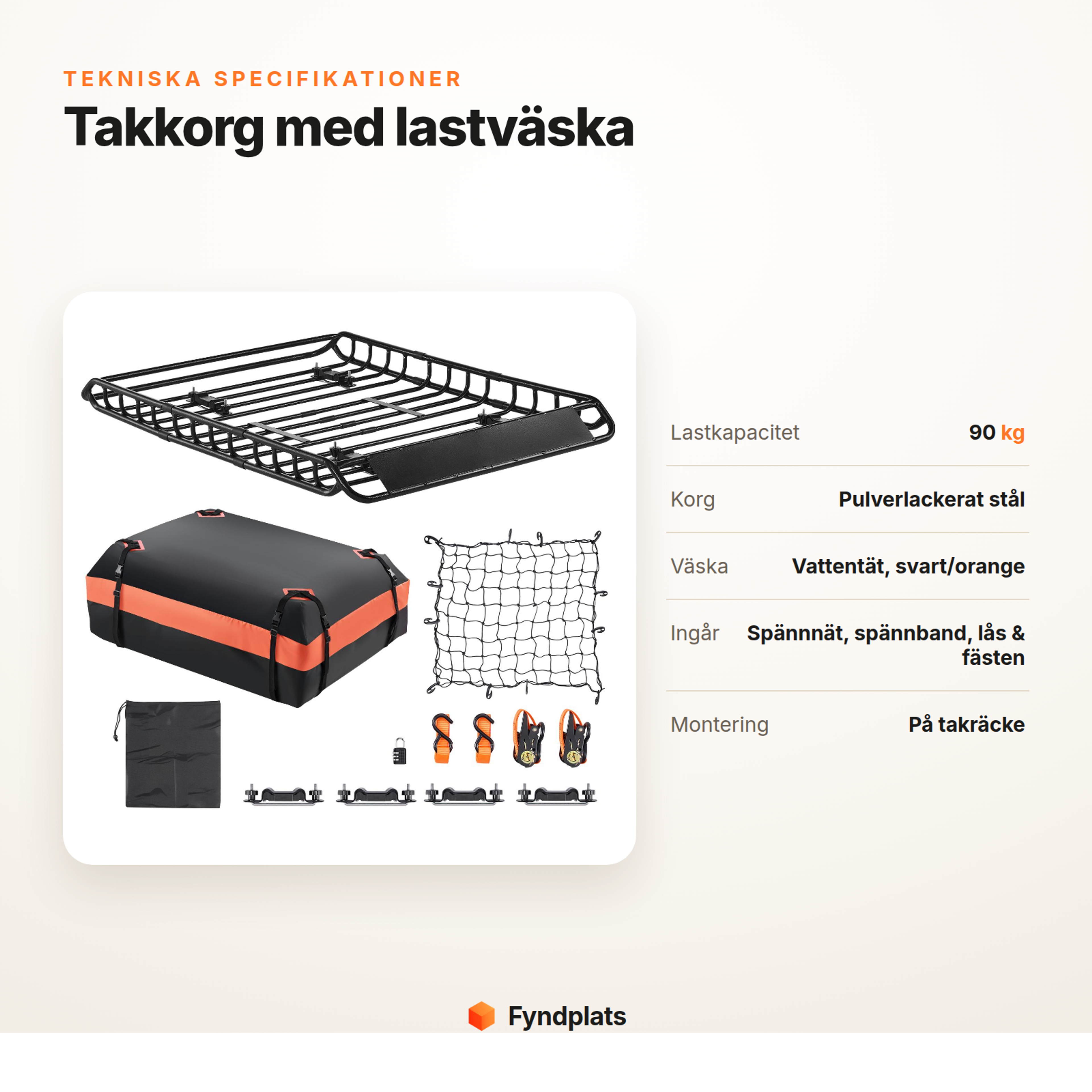 Fyndplats-kort: tekniska specifikationer för takkorg med lastväska