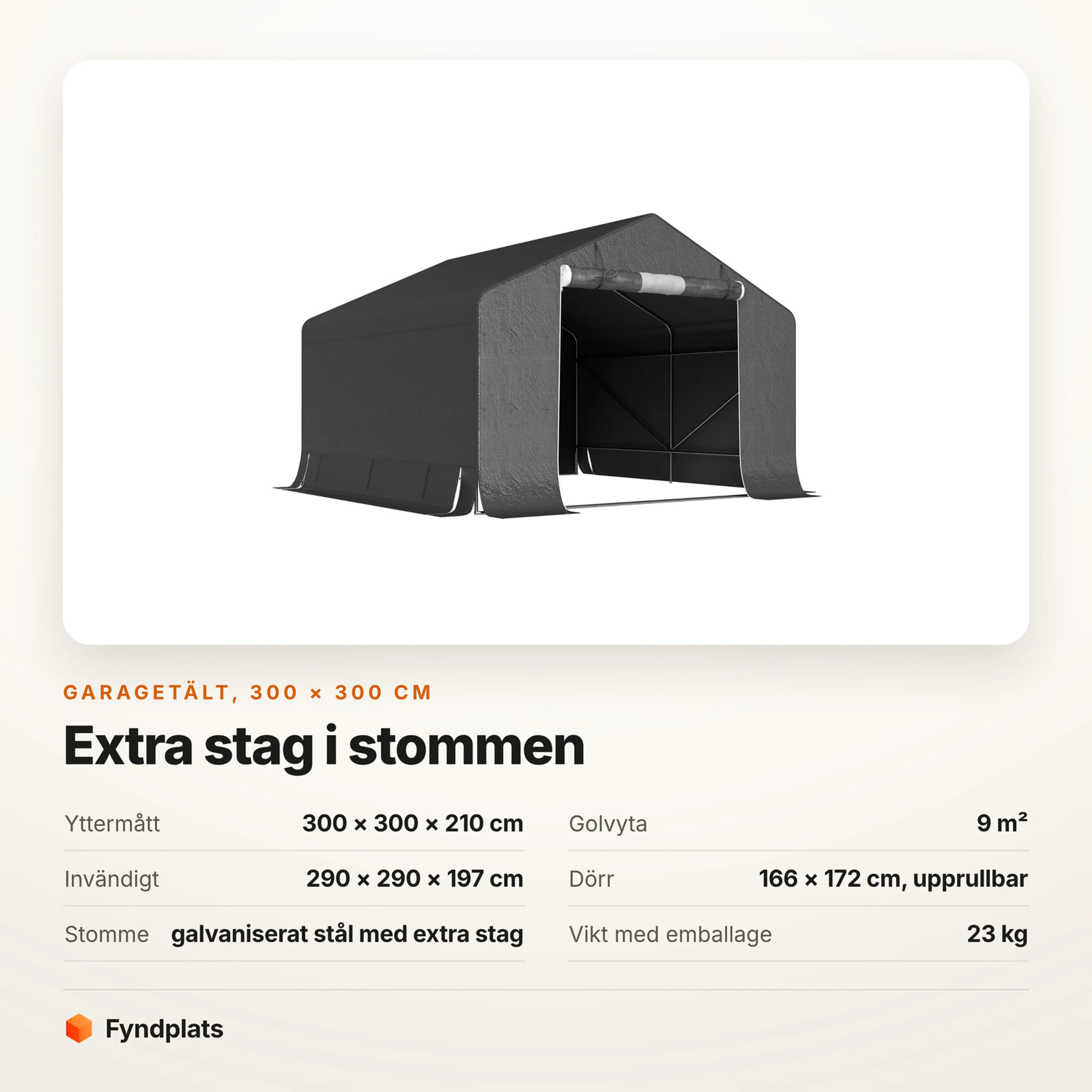 Faktakort för garagetält 300 × 300 cm med 9 m² golvyta