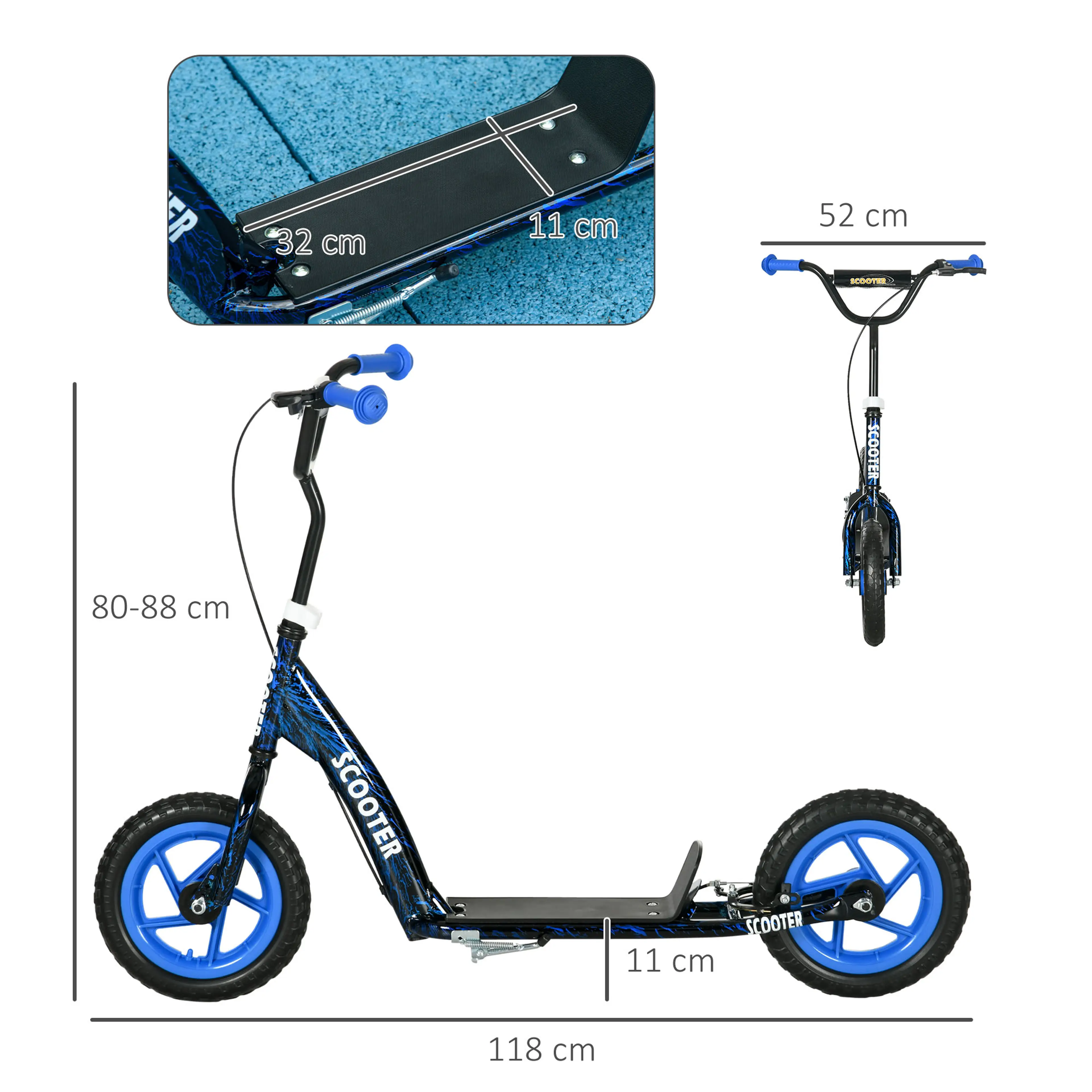 Måttritning för sparkcykel med blå hjul: 118 × 52 cm och styre 80–88 cm