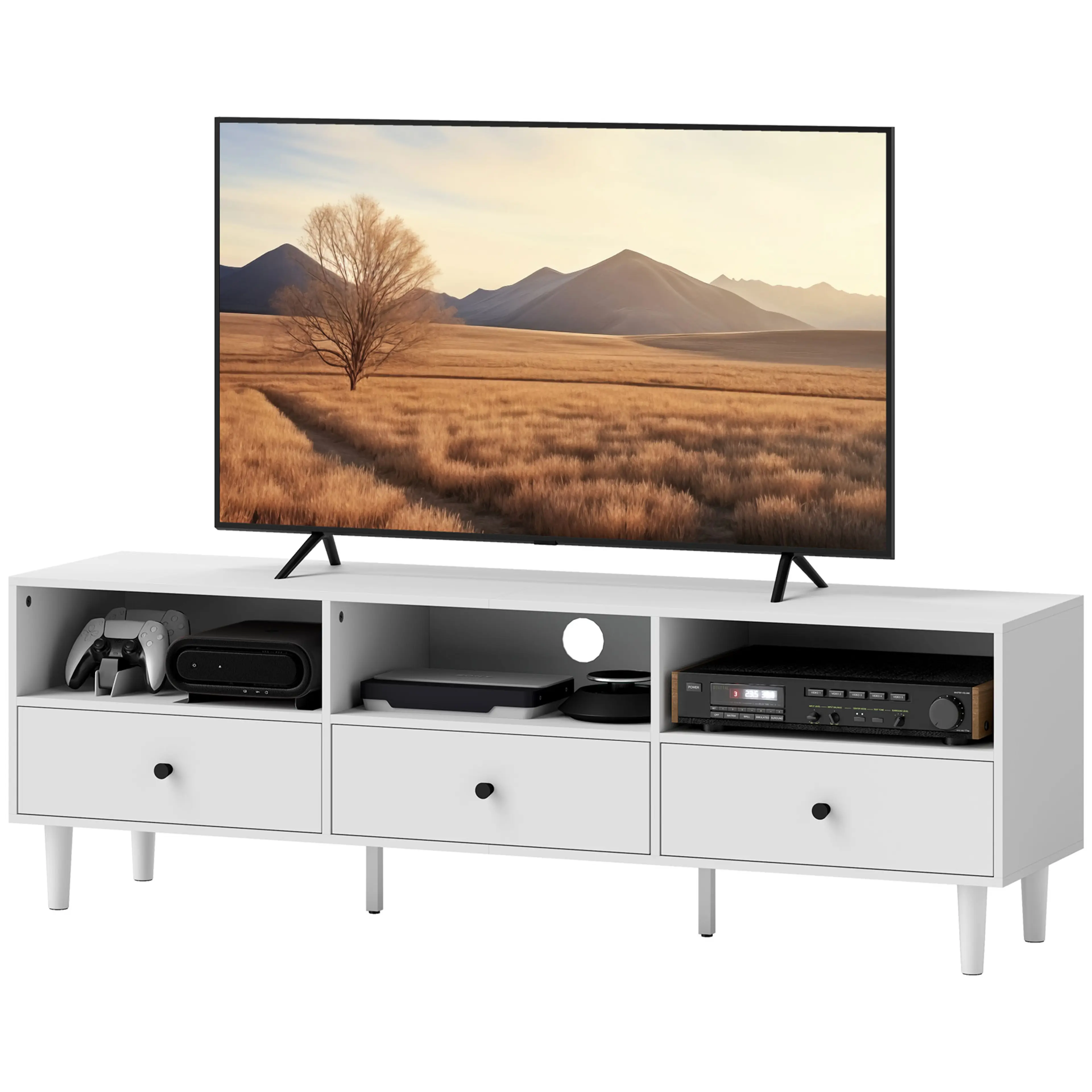 Vit TV-bänk 140 cm med tre lådor och tre öppna fack, TV på skivan
