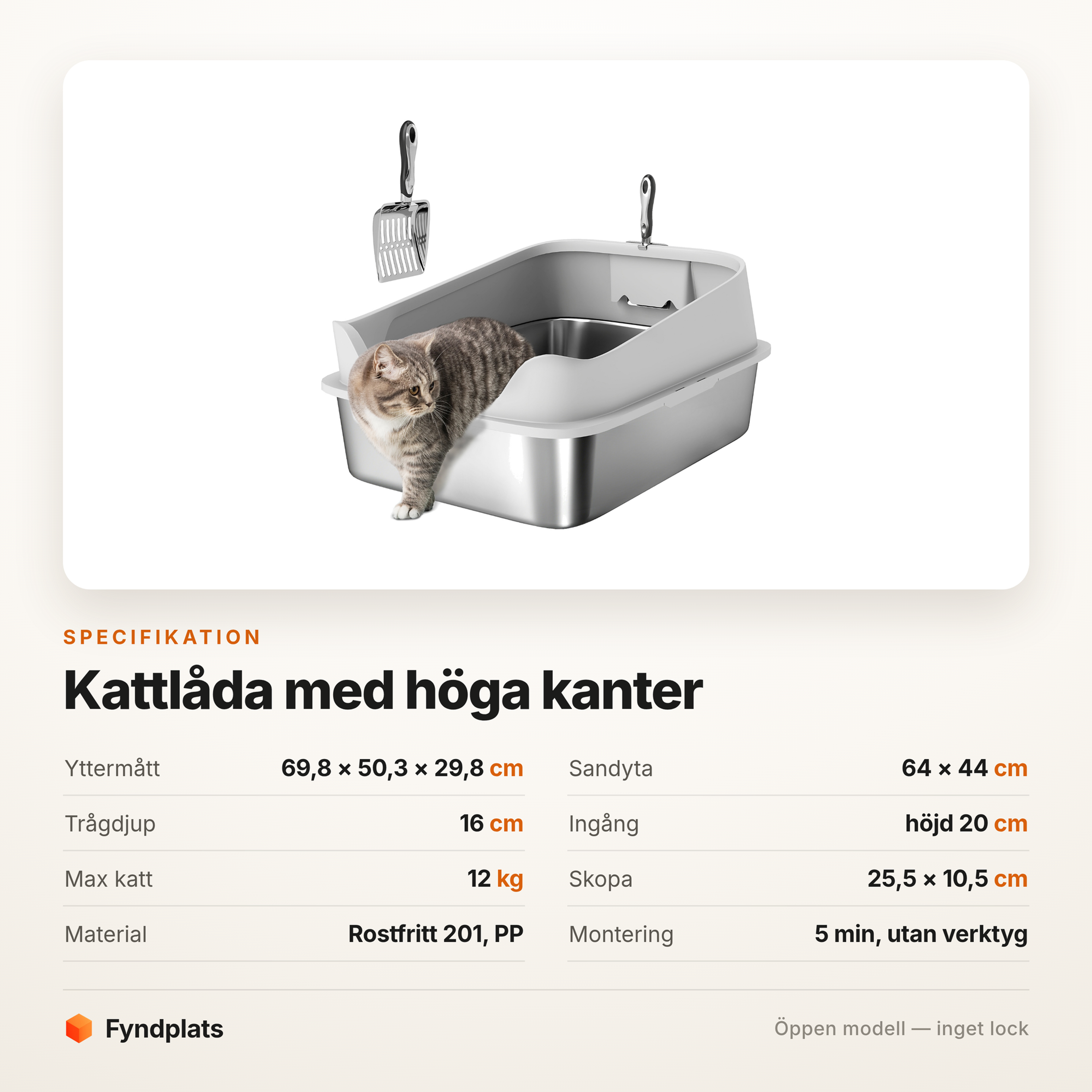 Specifikation för kattlåda med höga kanter – 69,8 × 50,3 cm, tråg 16 cm djupt