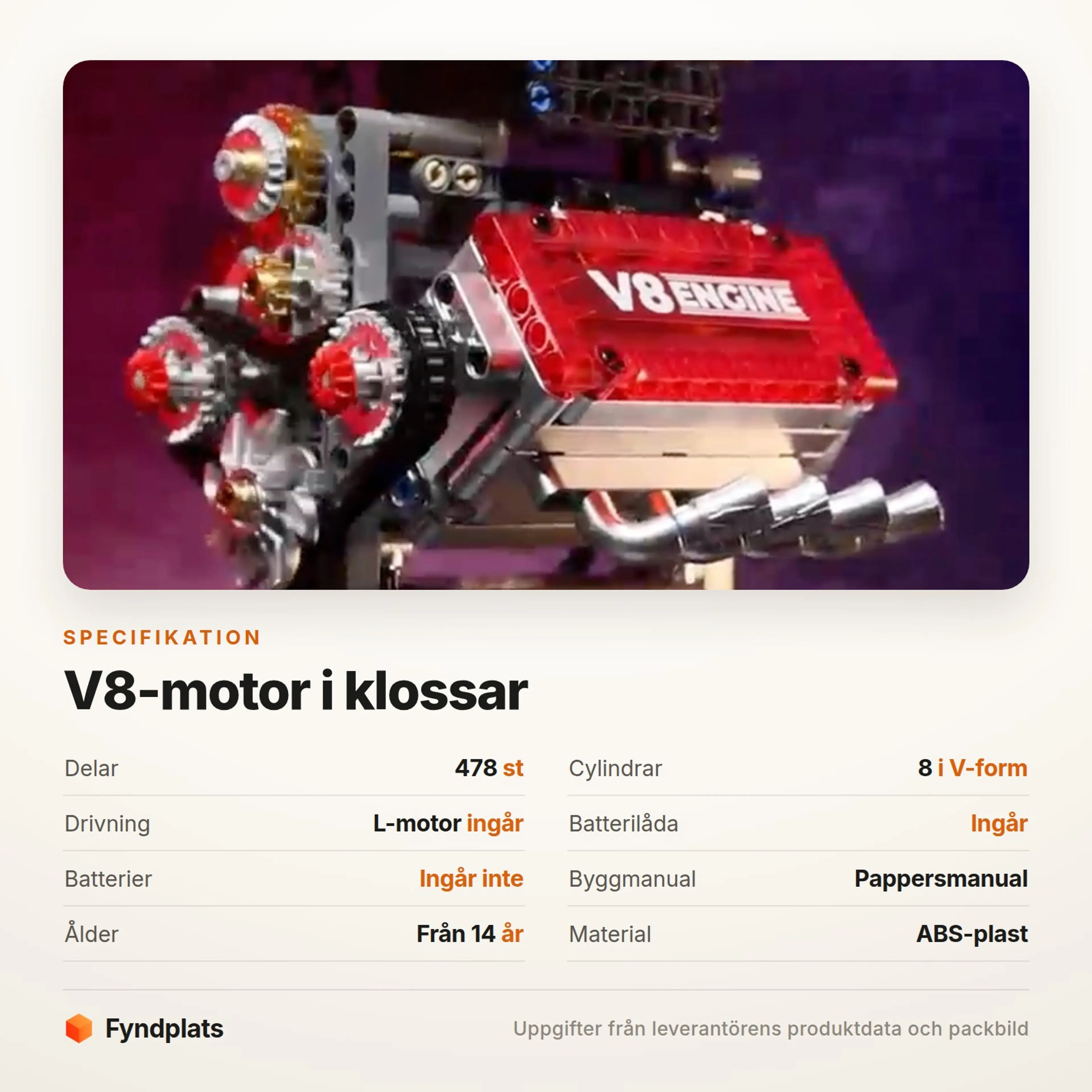 Fyndplats-kort med specifikationer: 478 delar, åtta cylindrar, L-motor ingår och batterier ingår inte