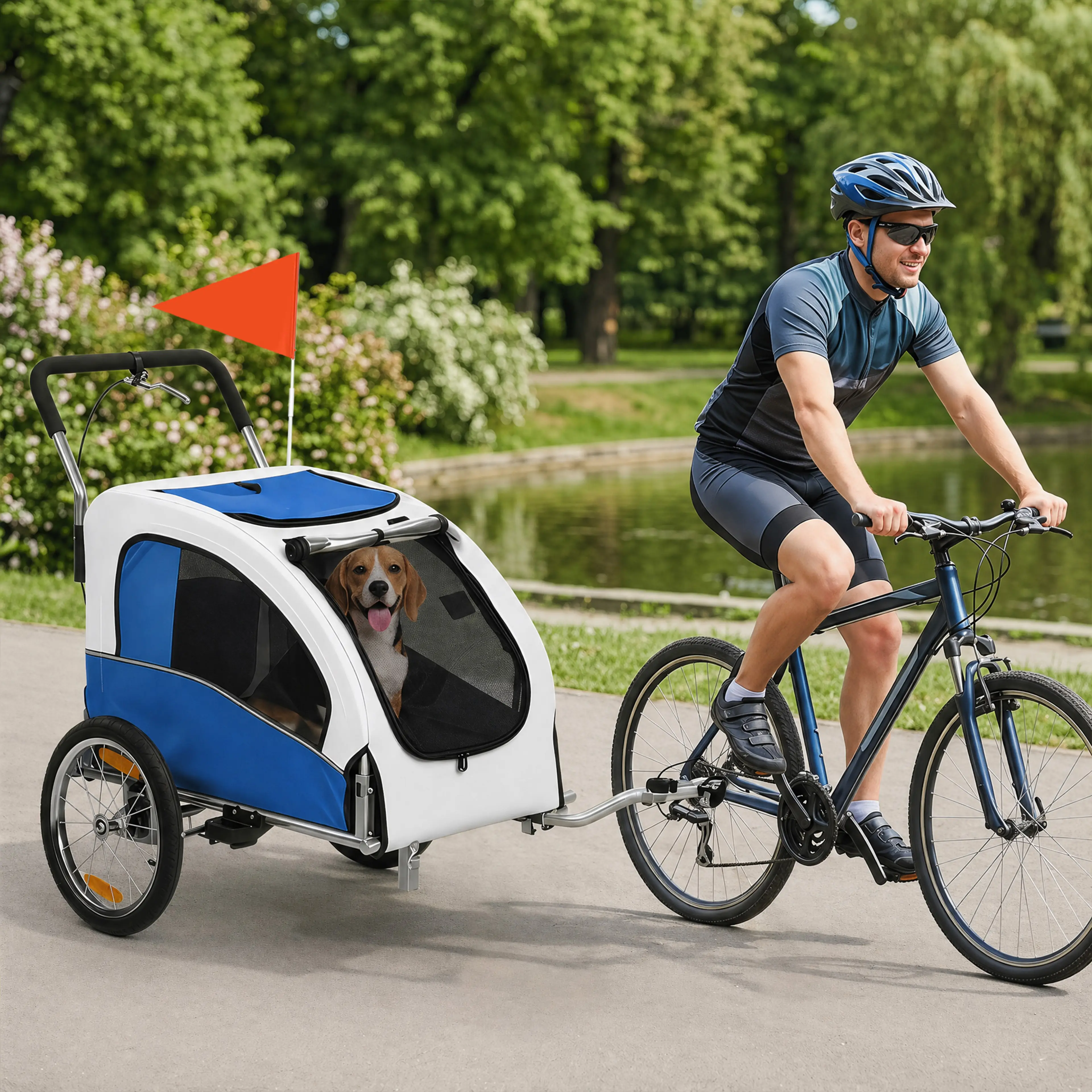 Cykelvagnen kopplad till en cykel på en asfalterad väg, med en beagle i kupén