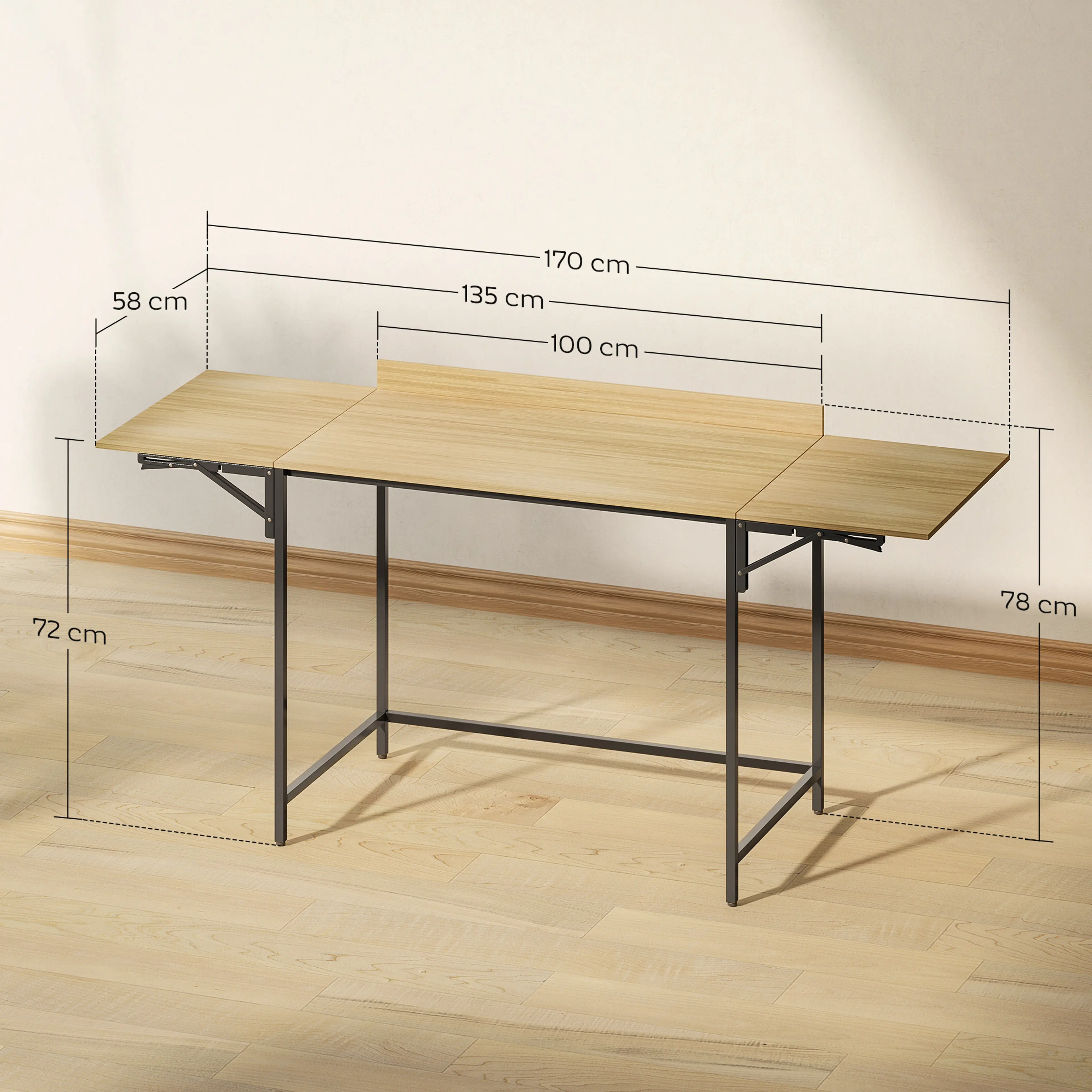 Måttbild: skrivbordet är 170, 135 eller 100 cm långt, 58 cm djupt och 72 cm högt vid skivan, 78 cm med listen