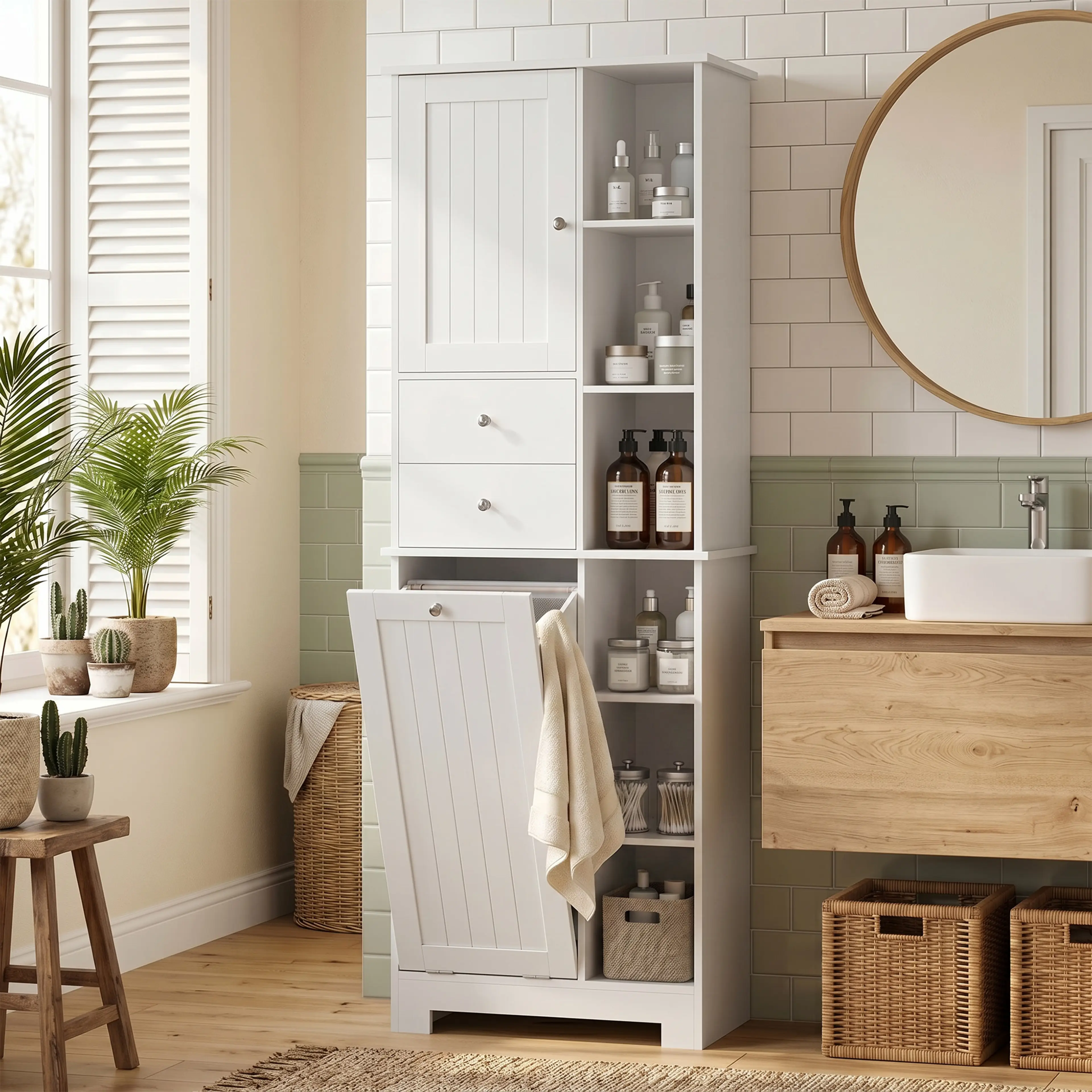 Högskåp badrum 60 × 171 cm med tippbar tvättkorg – bild 2