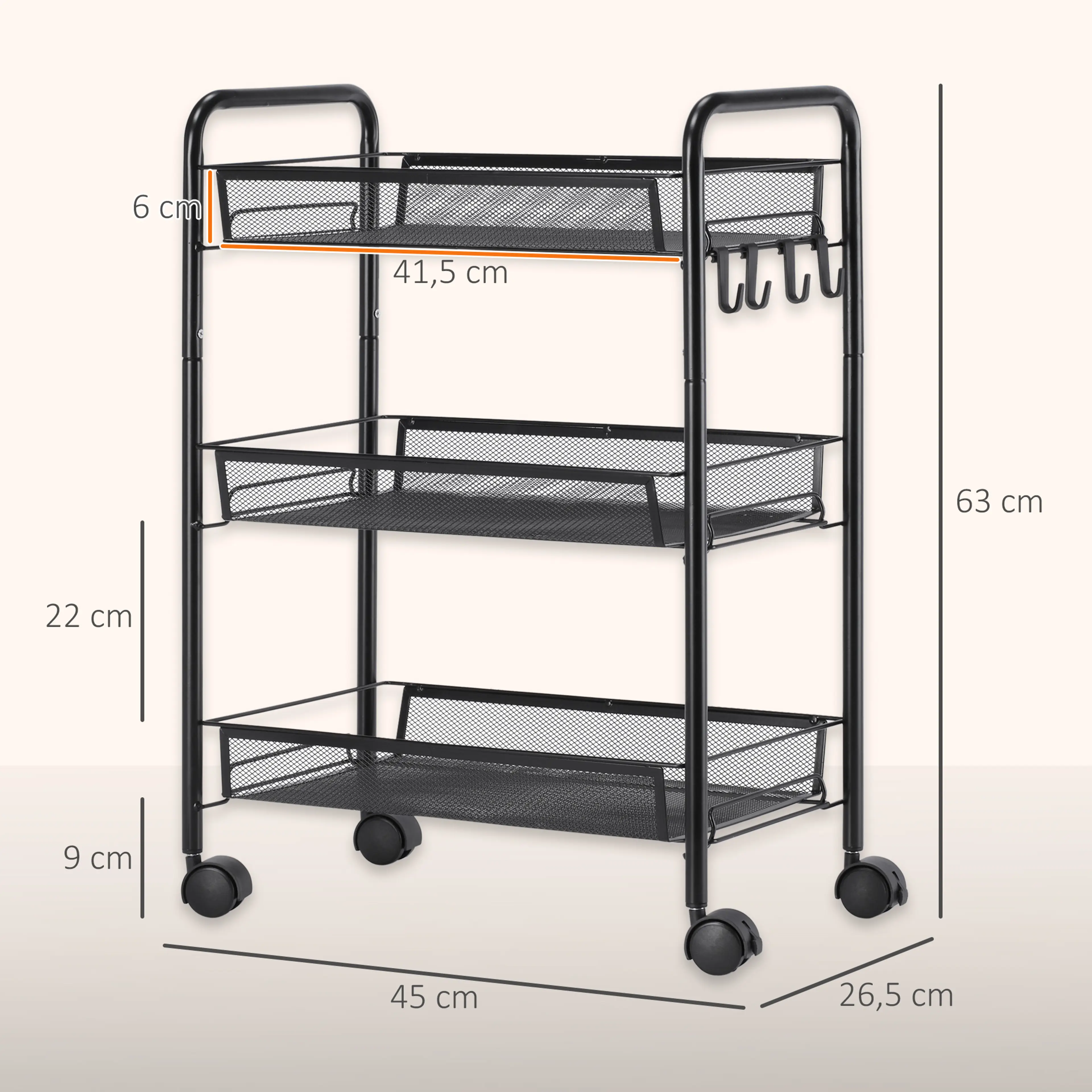 Måttskiss för rullvagn med 3 korgar – 45 × 26,5 × 63 cm, korgdjup 6 cm