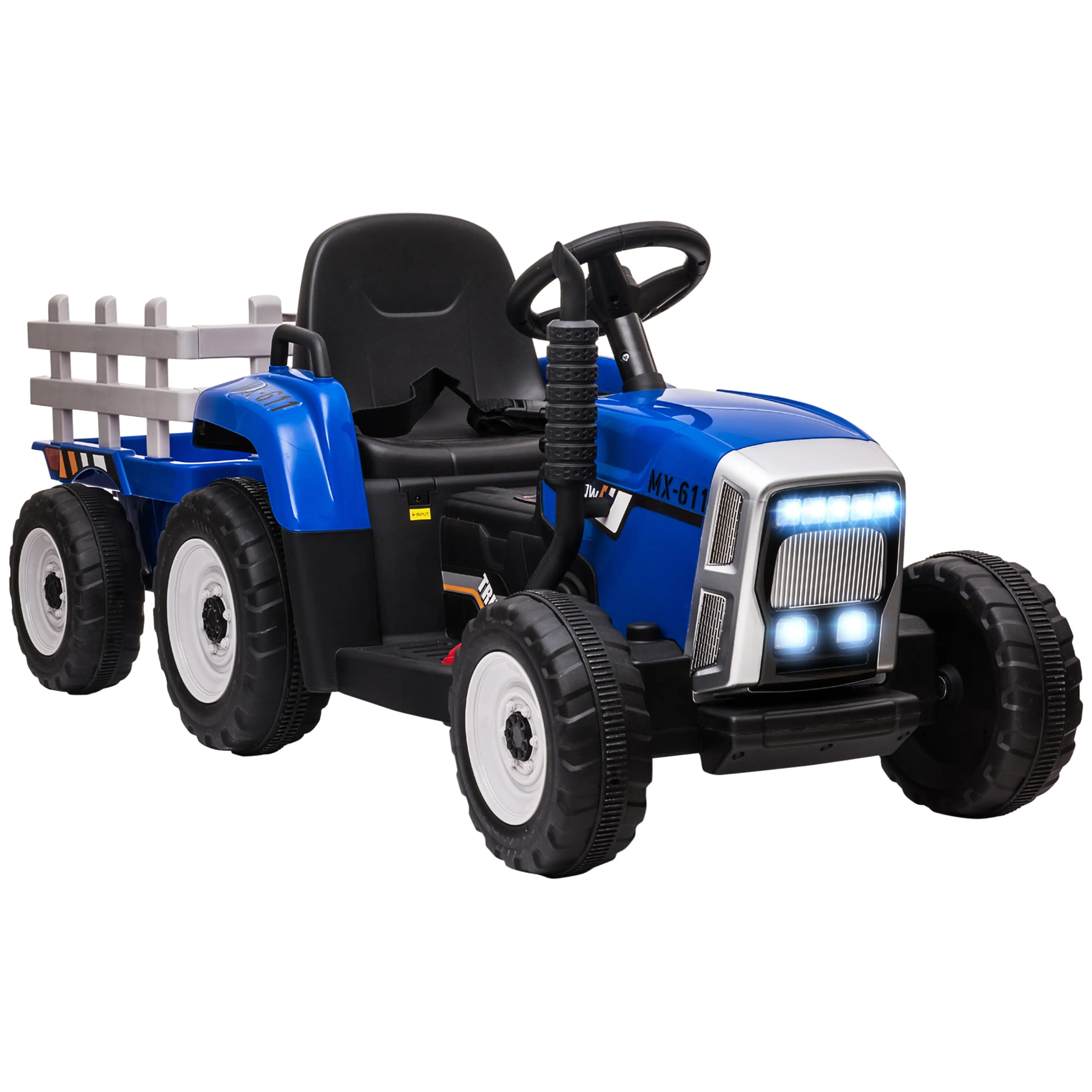 Blå eltraktor för barn med avtagbar släpvagn med sidogrindar, mot vit bakgrund