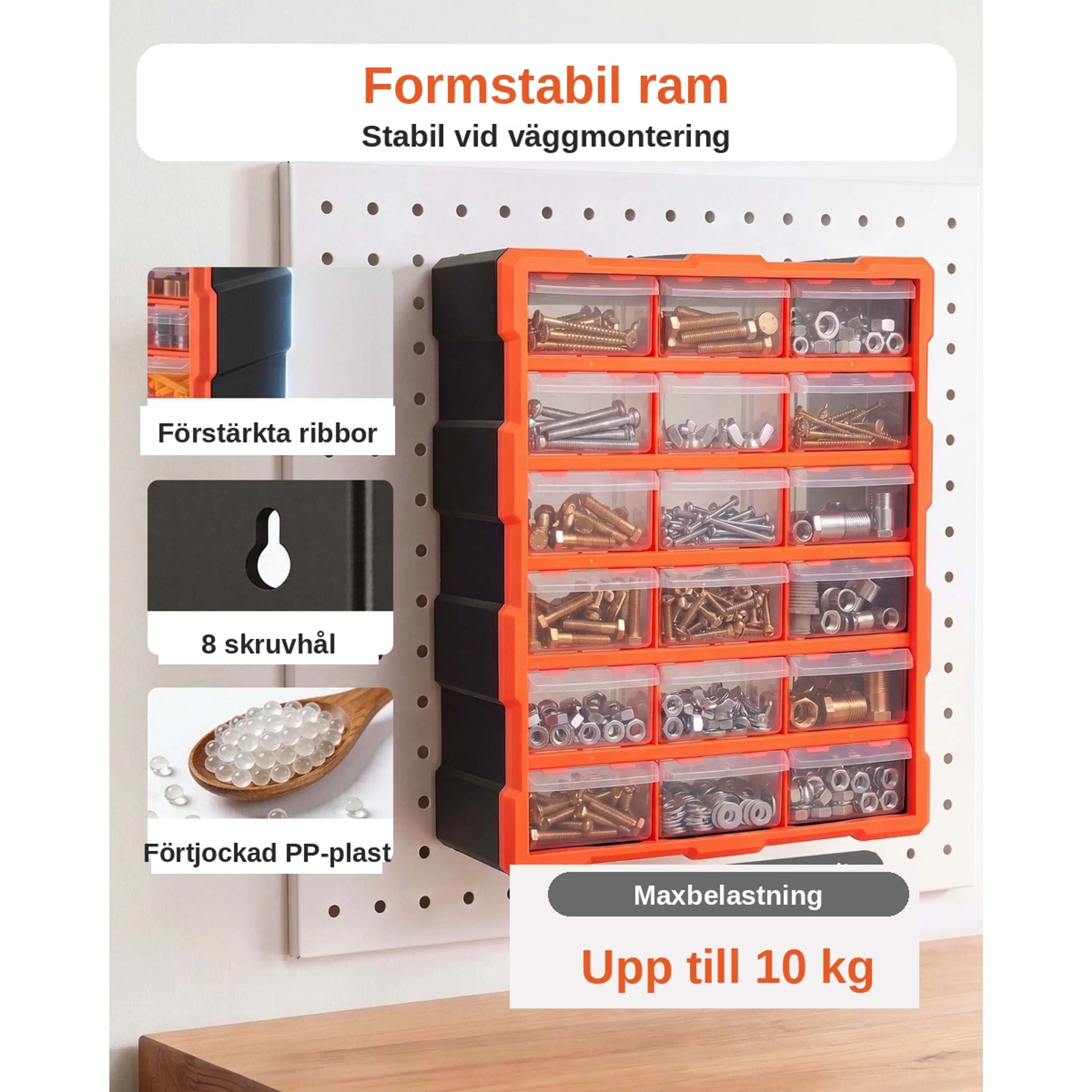 Formstabil ram i PP-plast för väggmontering, max belastning upp till 10 kg