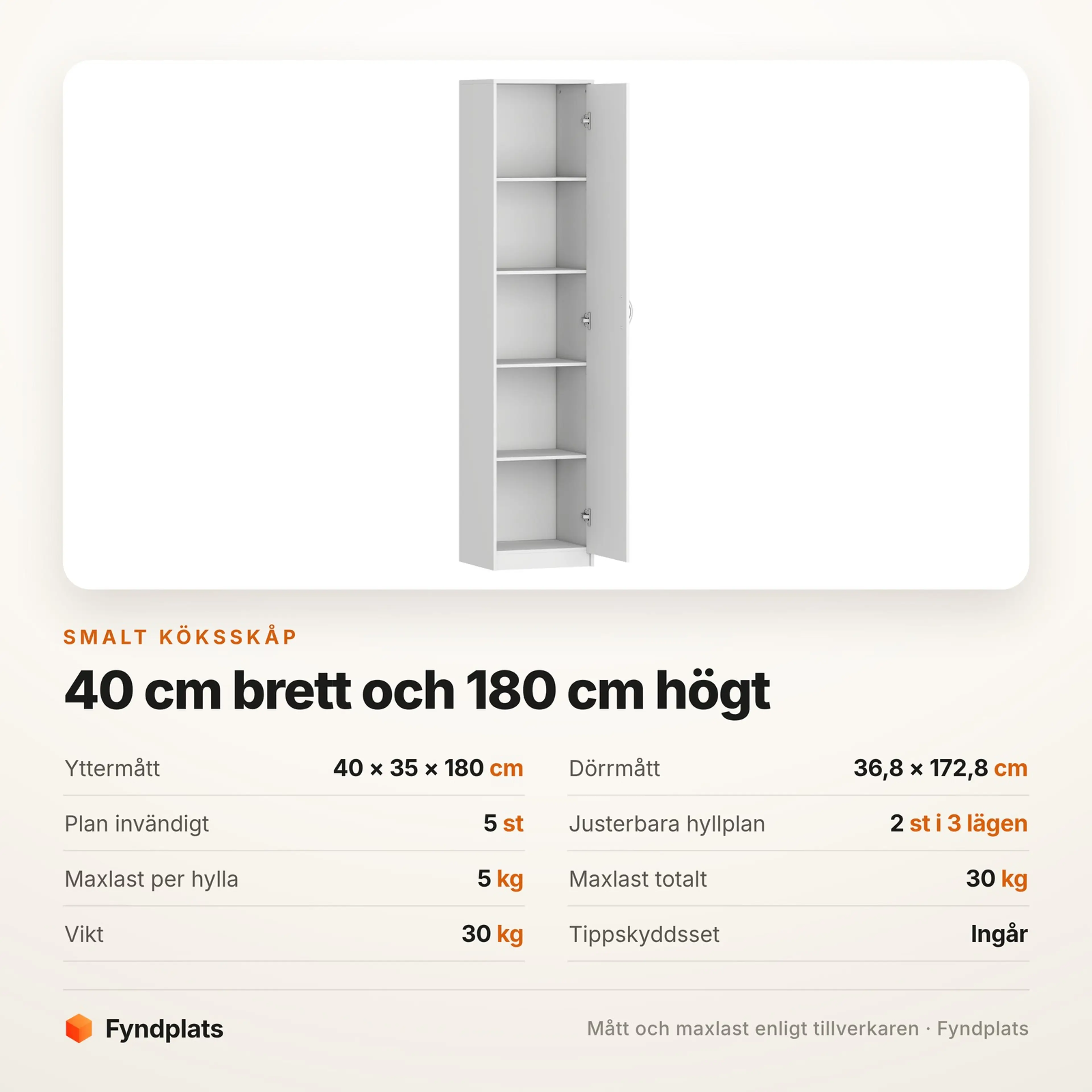 Spec-kort med mått och maxlast för det smala köksskåpet på 40 cm