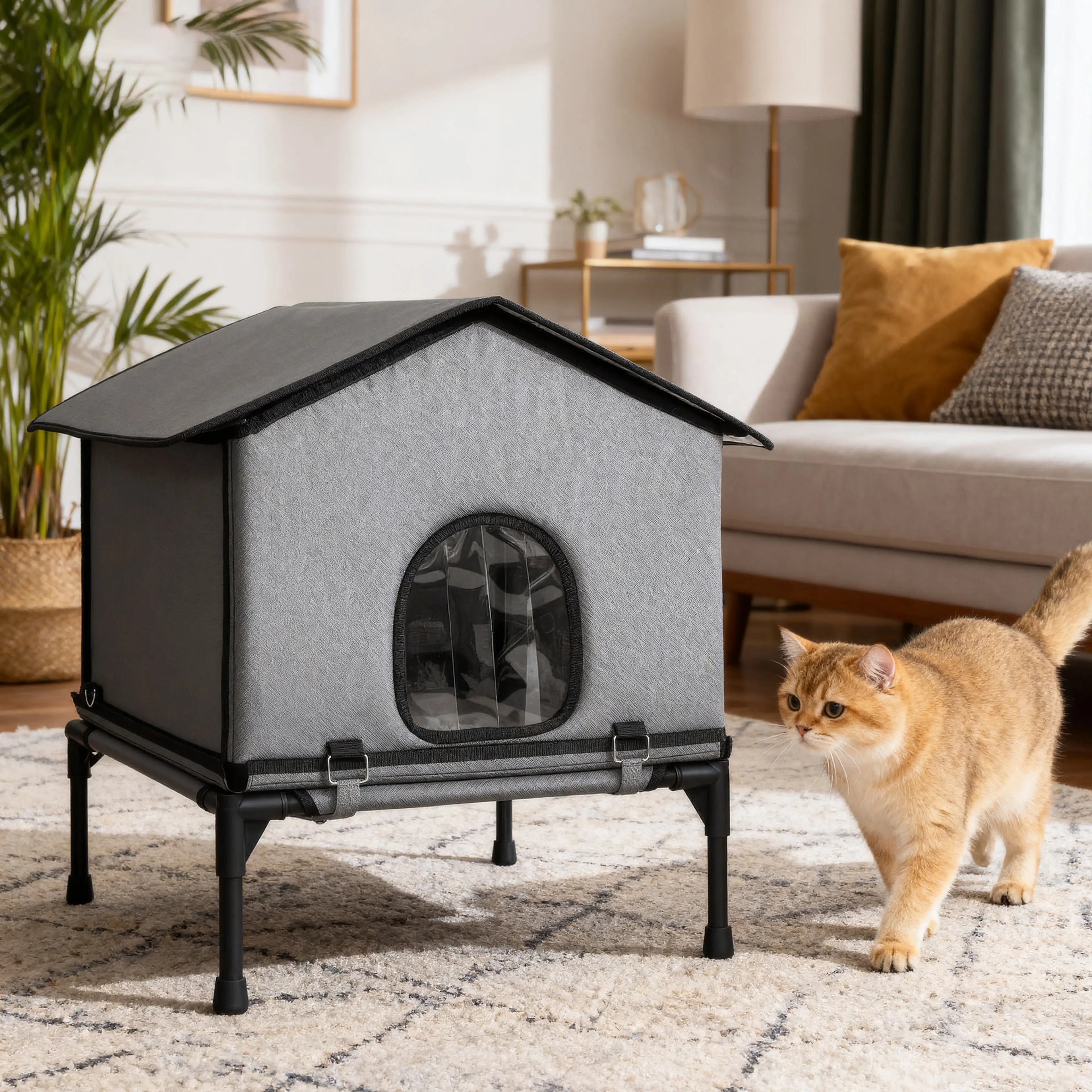 Det upphöjda katthuset i ett vardagsrum med en katt framför