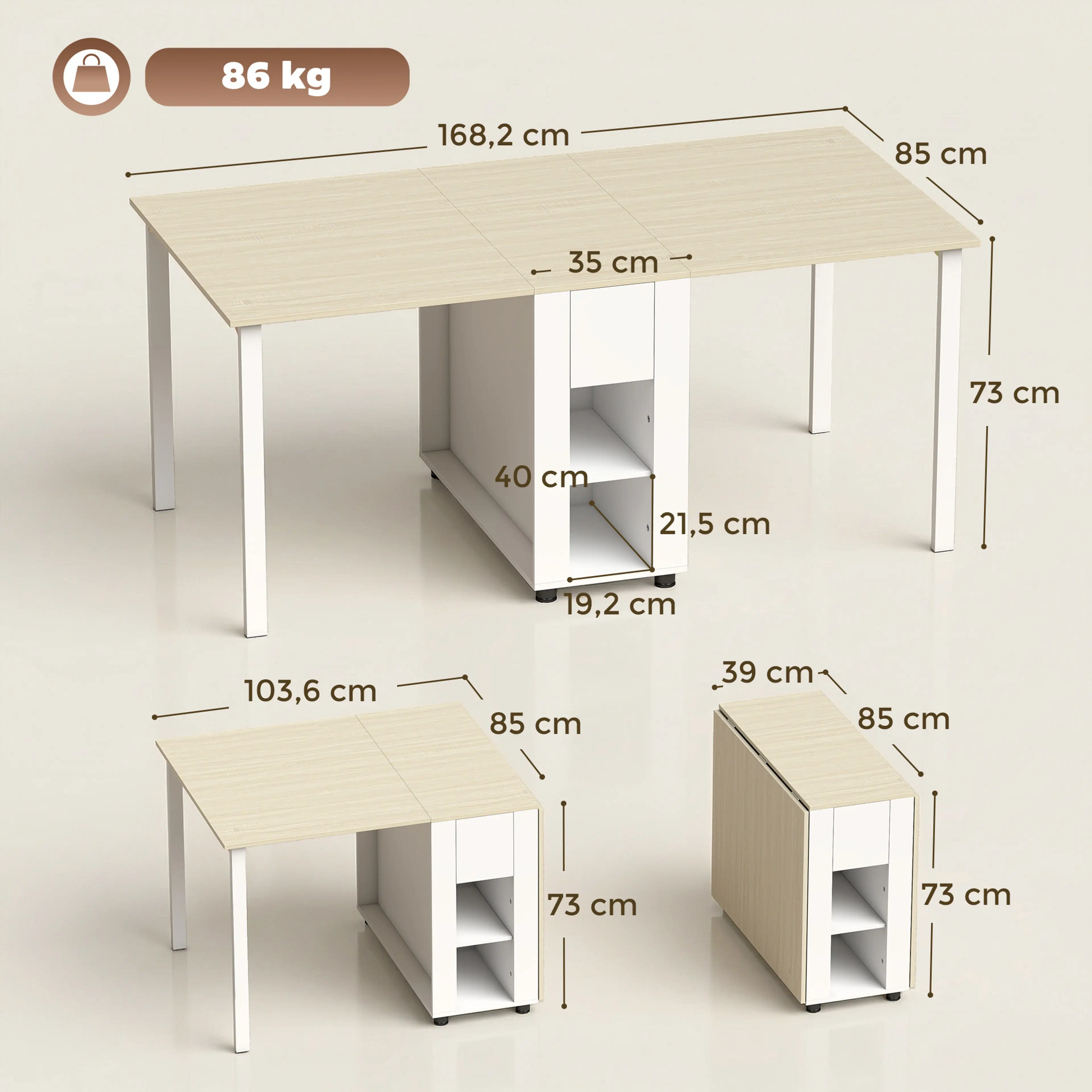 Måttskiss: 168,2 × 85 × 73 cm utfällt och 39 cm hopfällt
