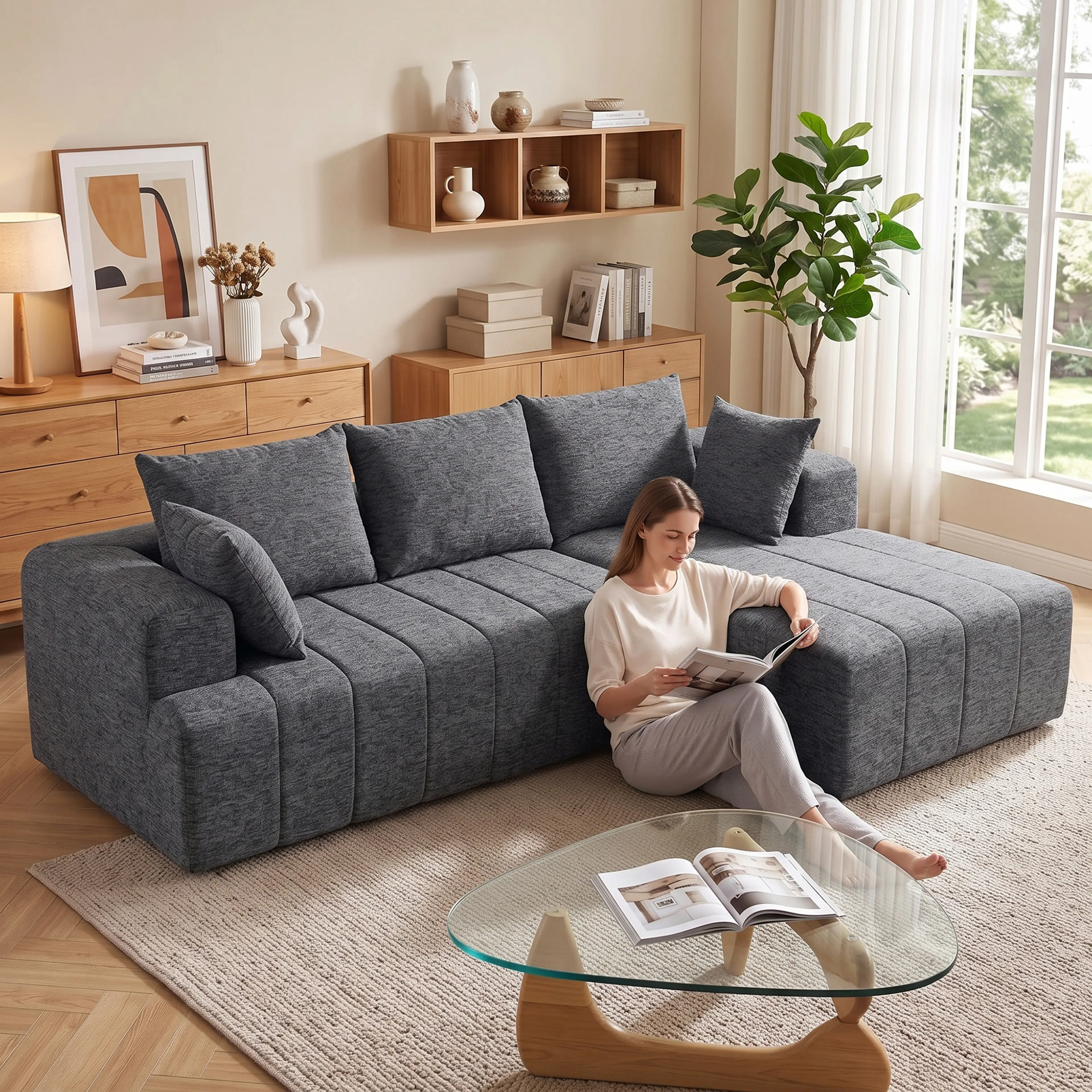Person sitter och läser i soffan vid ett soffbord