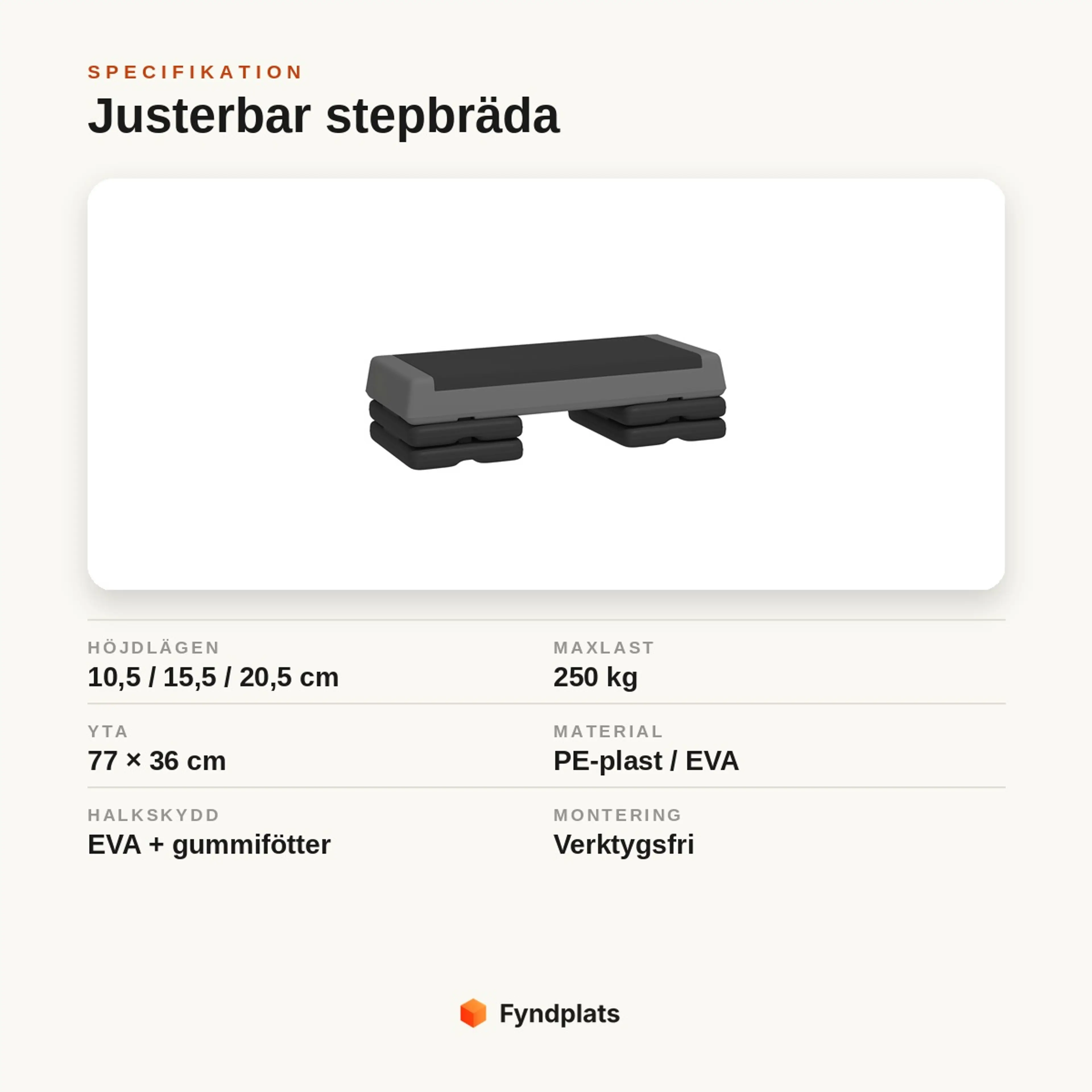 Specifikation för justerbar stepbräda: höjdlägen 10,5/15,5/20,5 cm, yta 77 × 36 cm, maxlast 250 kg.