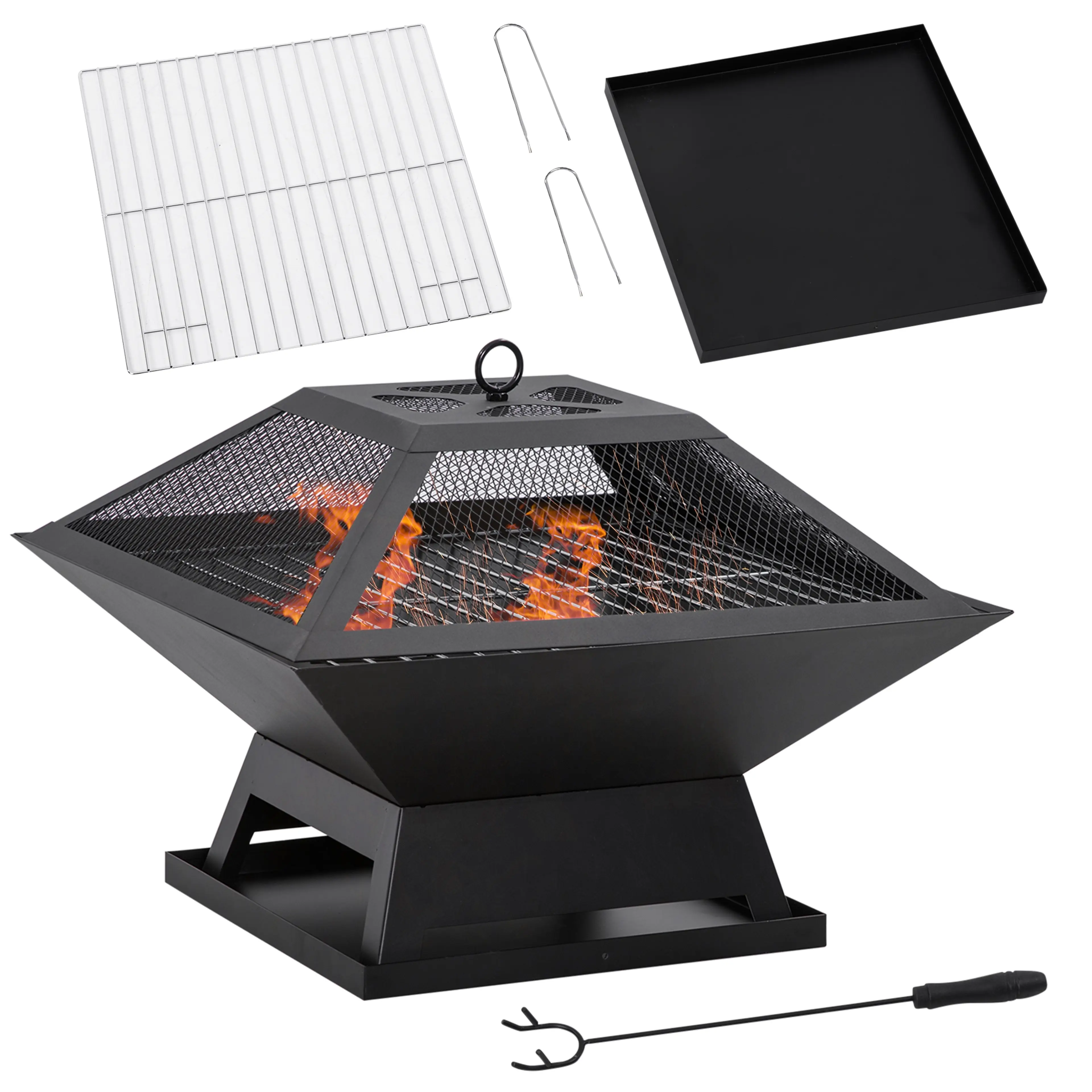 Eldkorg med gnistskydd och grill i stål – kvadratisk 45 × 45 cm