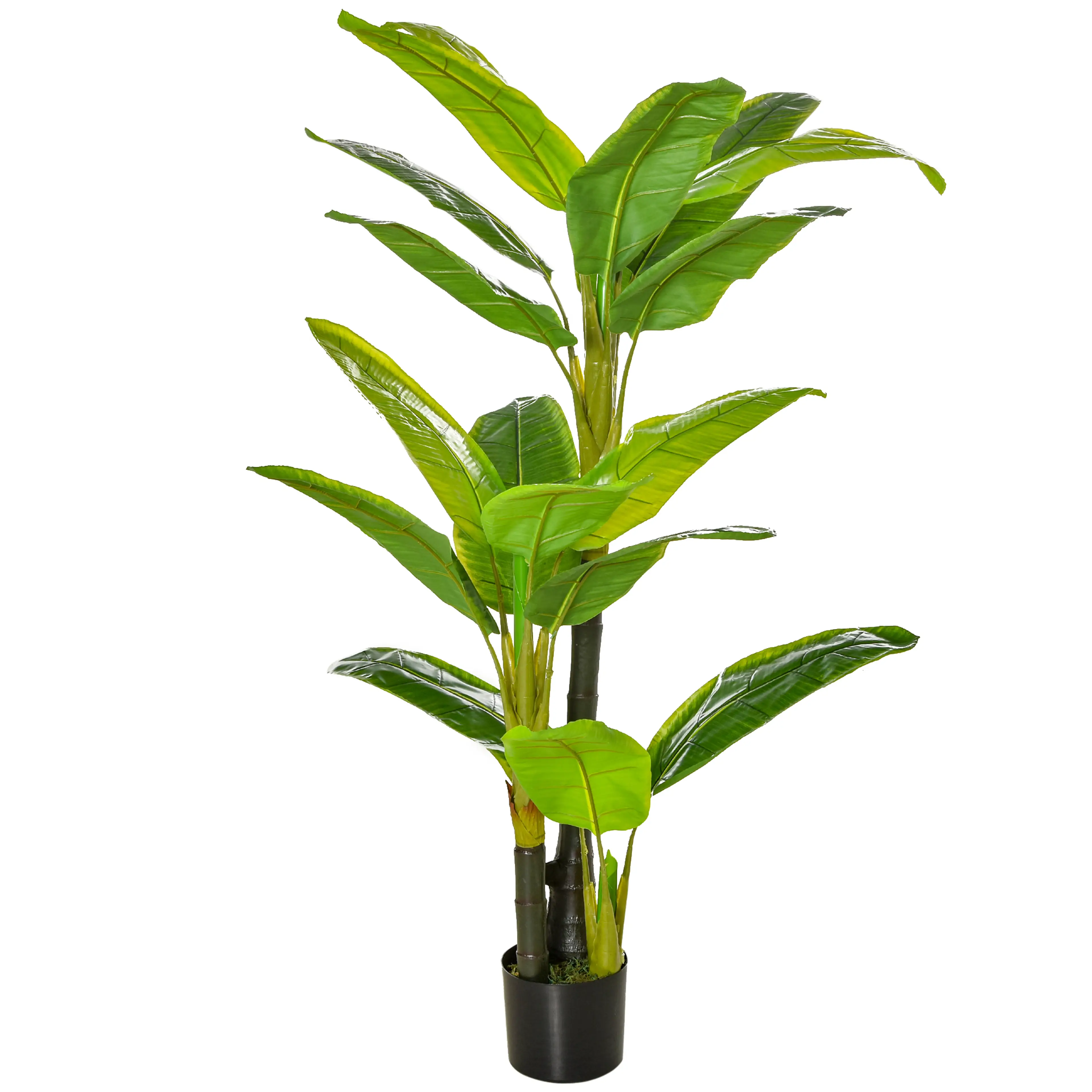 Konstgjord bananväxt med stora gröna blad i en svart kruka