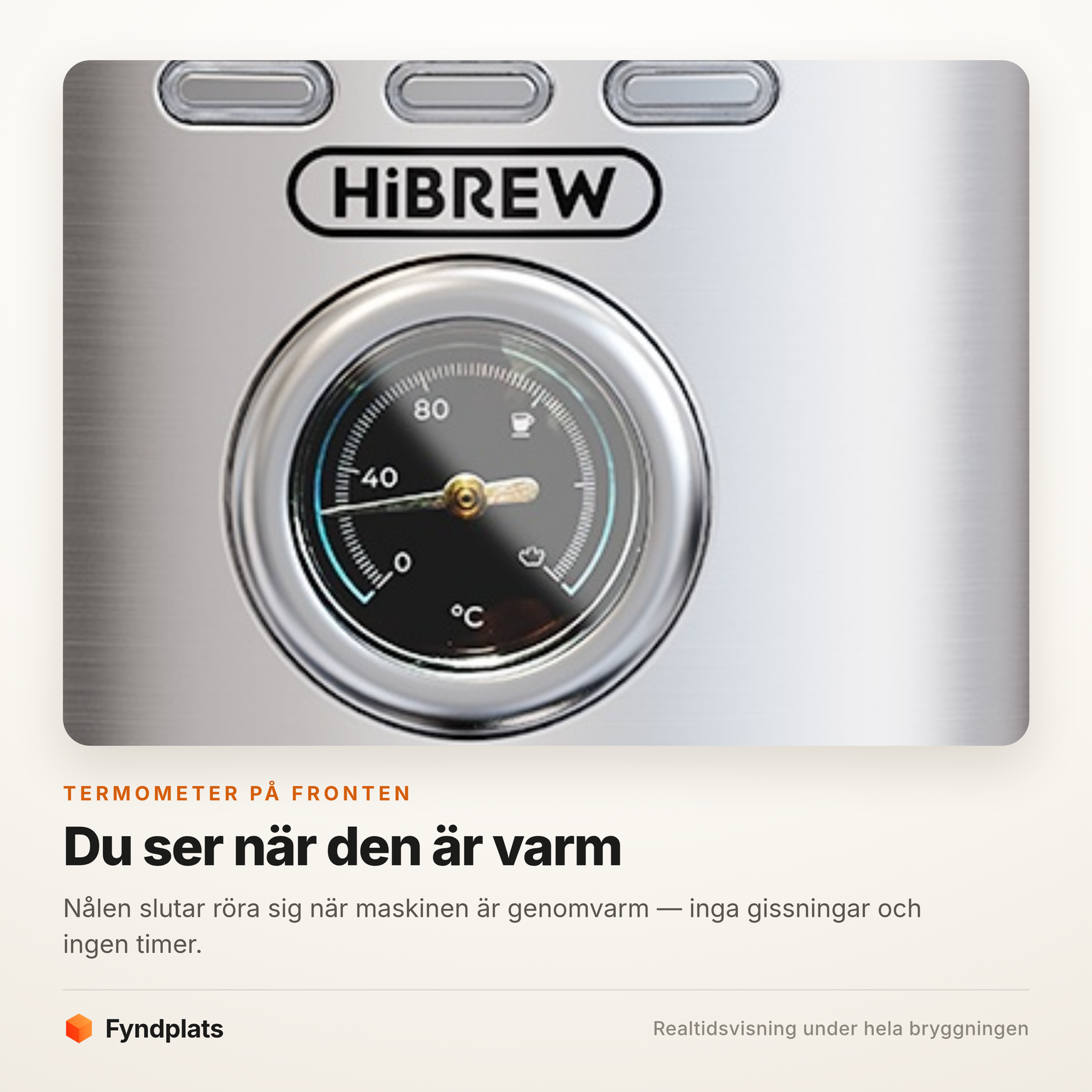 Fyndplats-kort: närbild på den analoga termometern och de tre knapparna på fronten