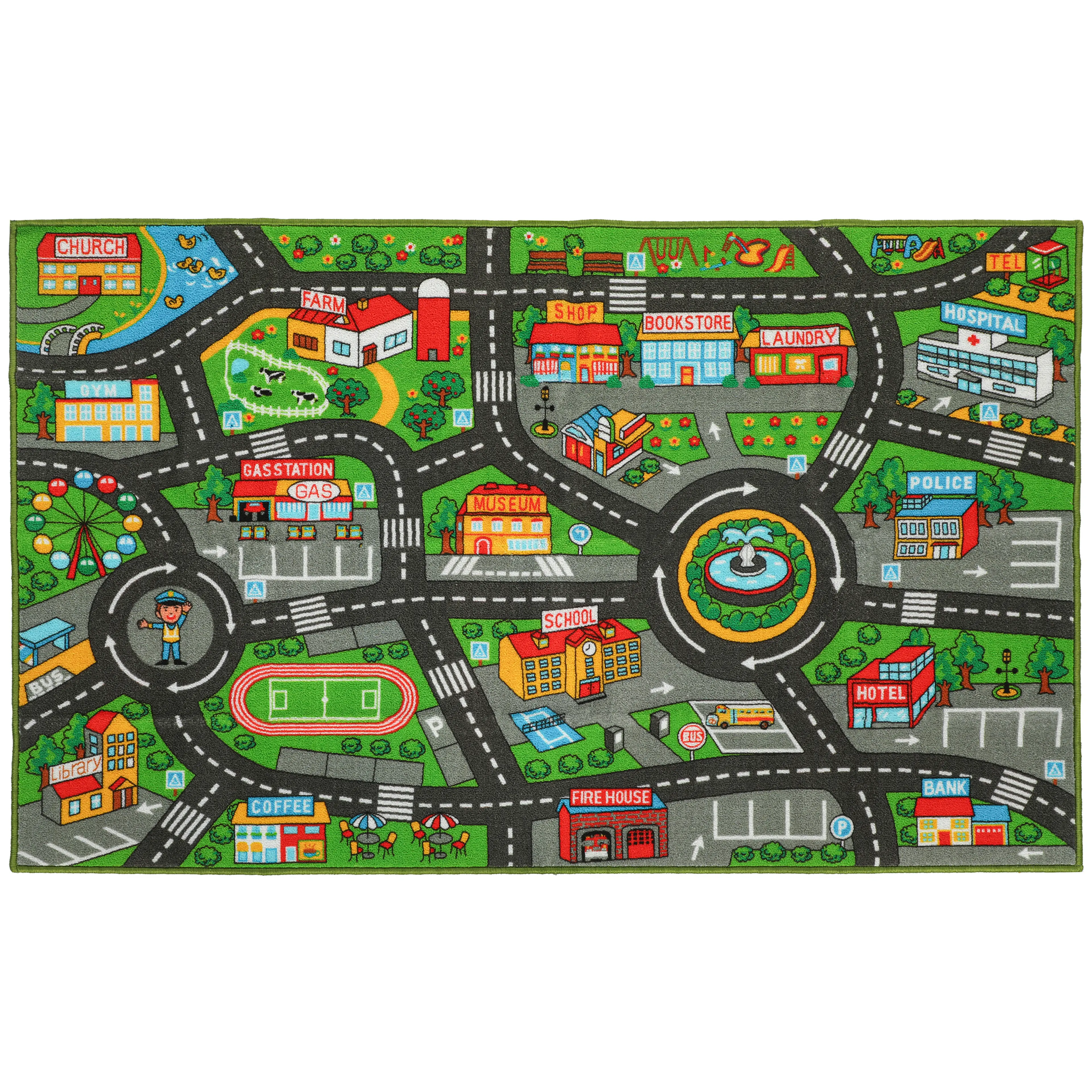 Lekmatta 160 × 100 cm med stadsmotiv – vägar, rondeller och hus, halkskyddad