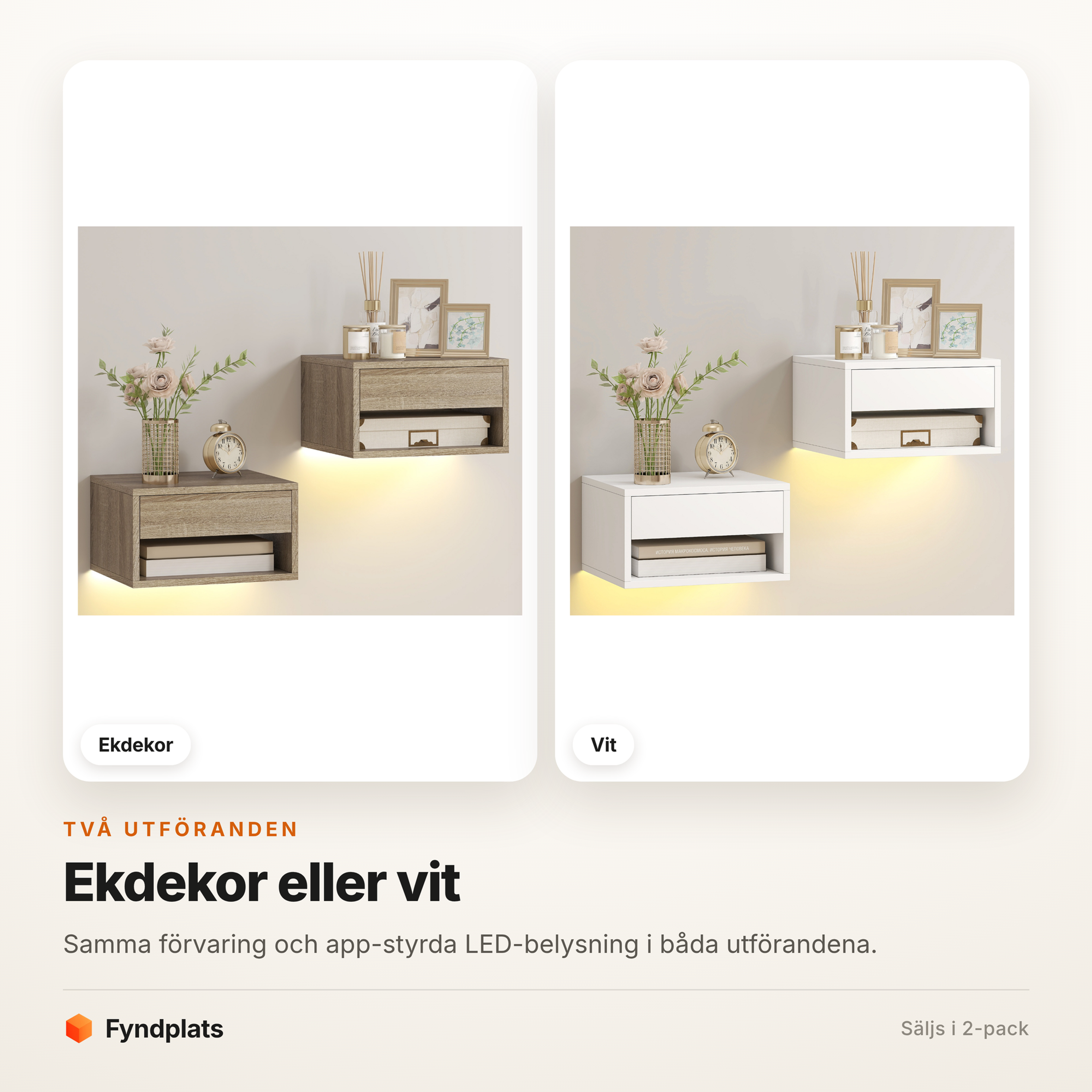 Fyndplats färgkort som visar sängborden i ekdekor och vitt sida vid sida.