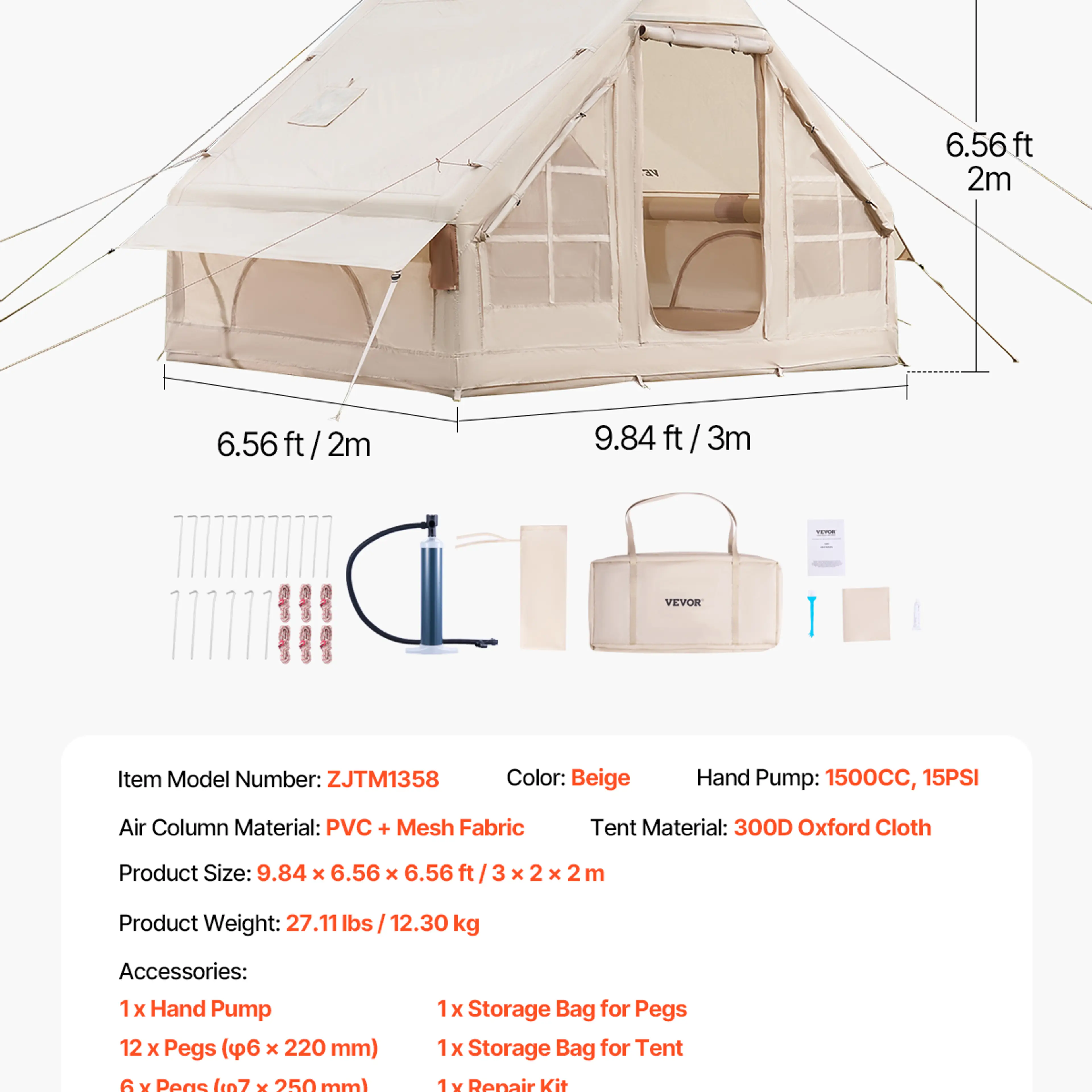 Uppblåsbart campingtält 3–5 personer – lufttält med pump och kaminhål