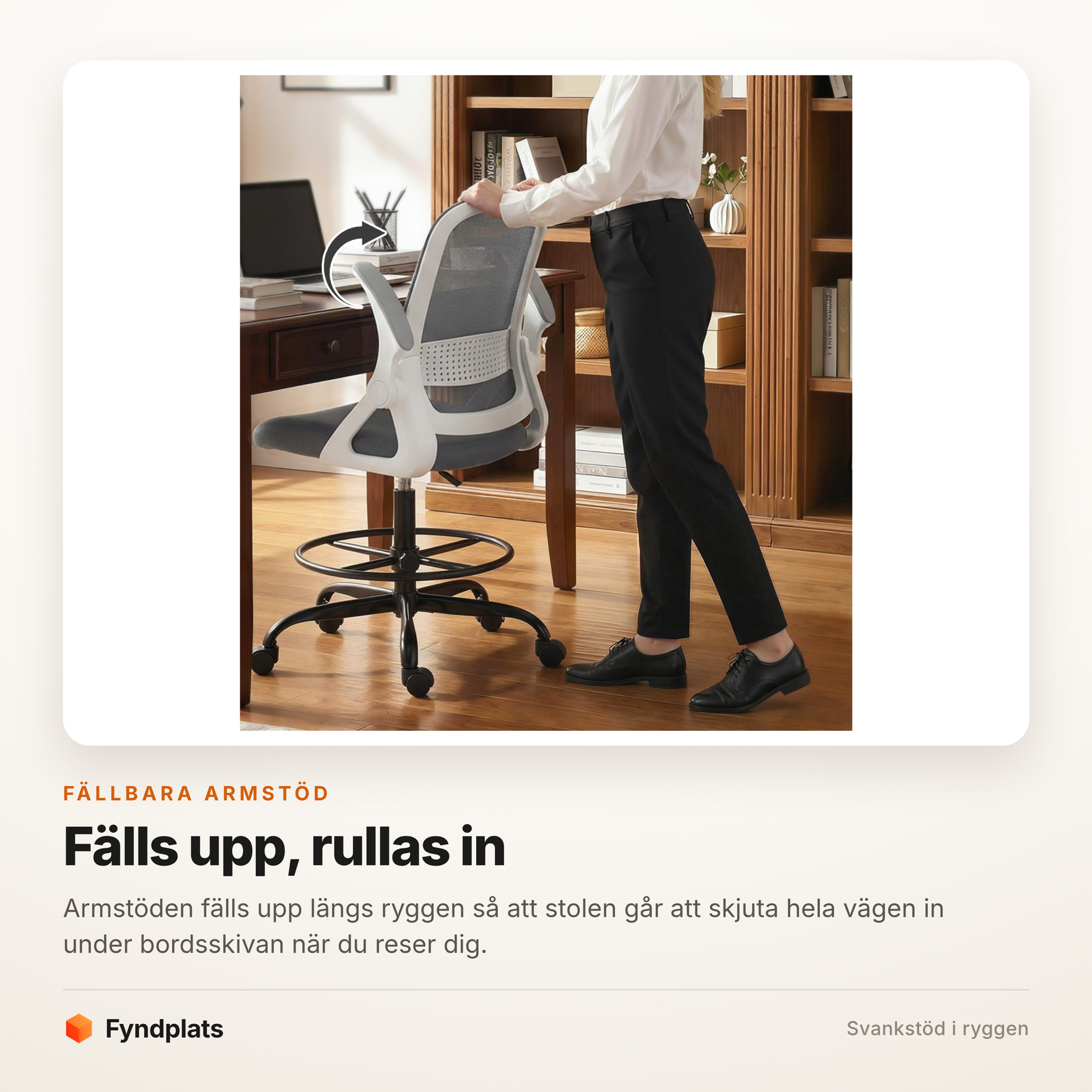 Fyndplats-kort som visar de fällbara armstöden uppfällda längs ryggen