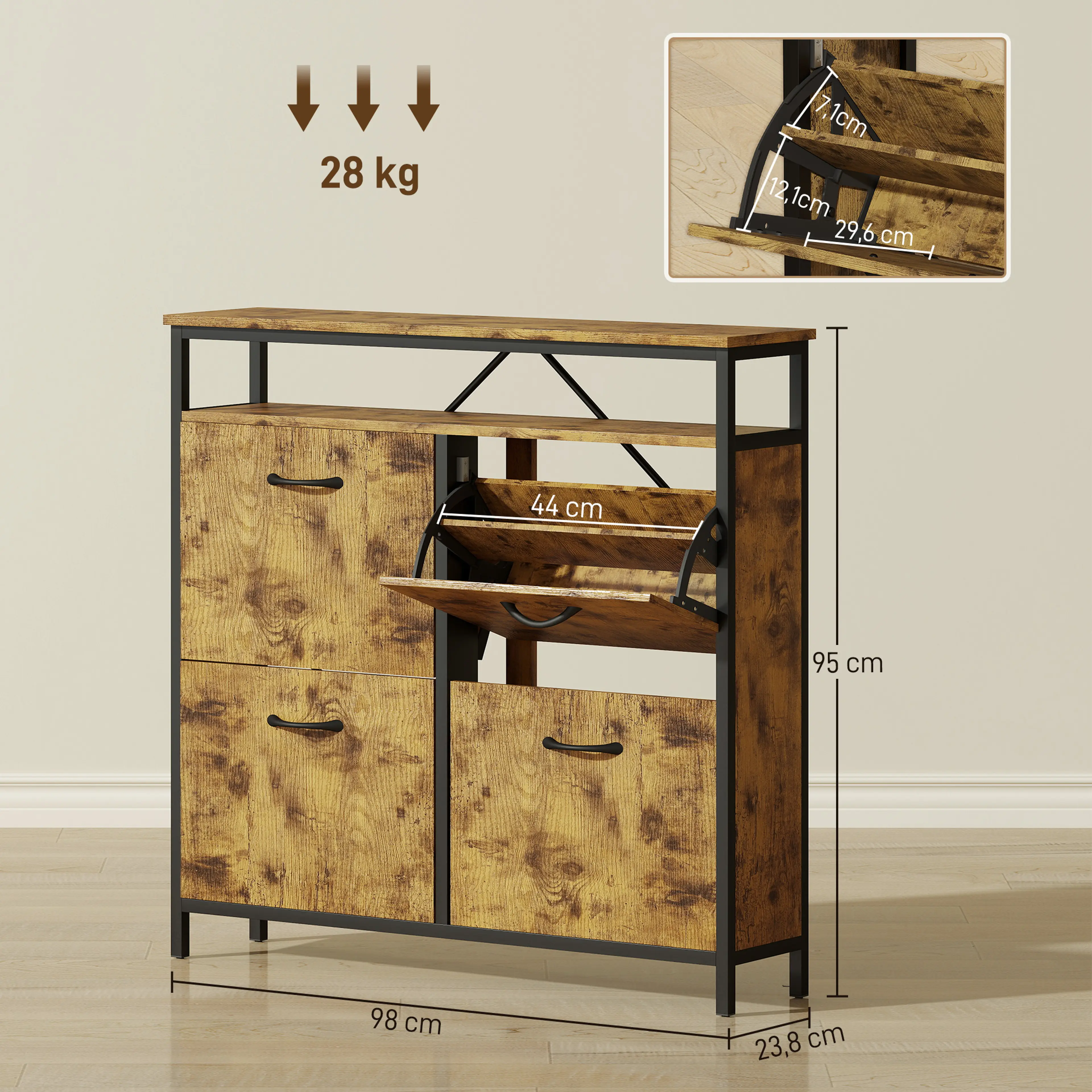 Skoskåp 98 cm med fyra tippfack, rustik brun – bild 5