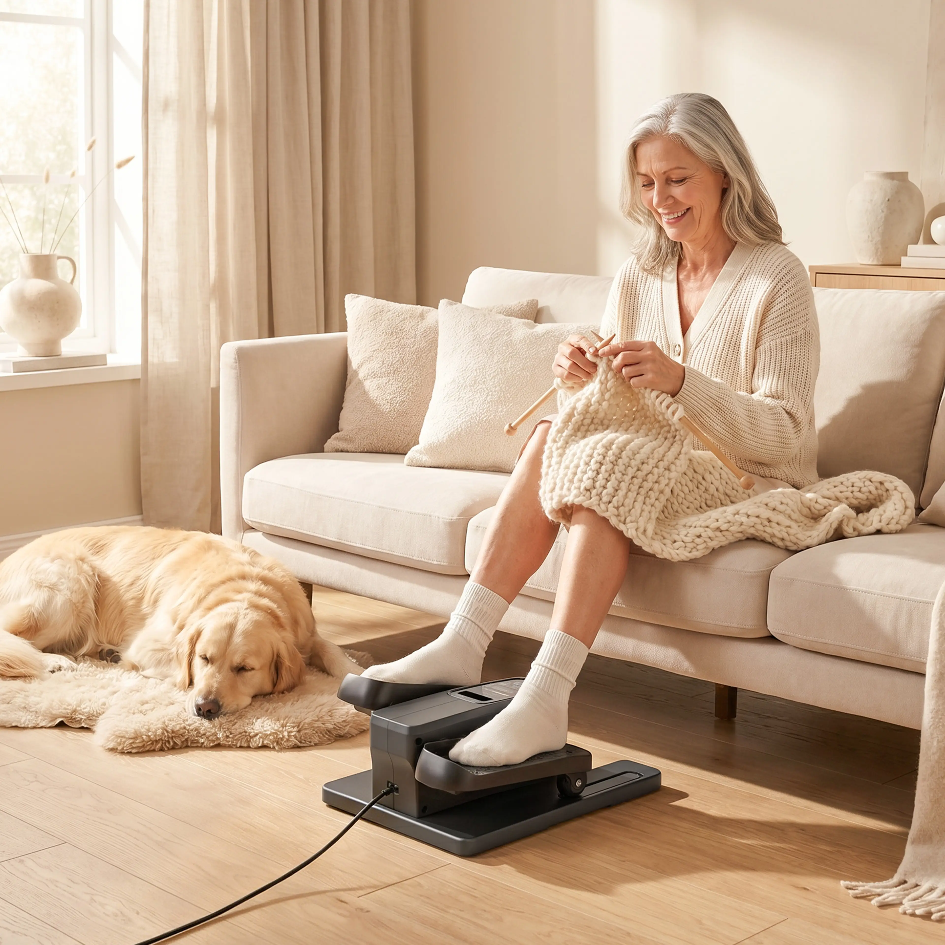 Maskinen används i soffan med hunden liggande bredvid
