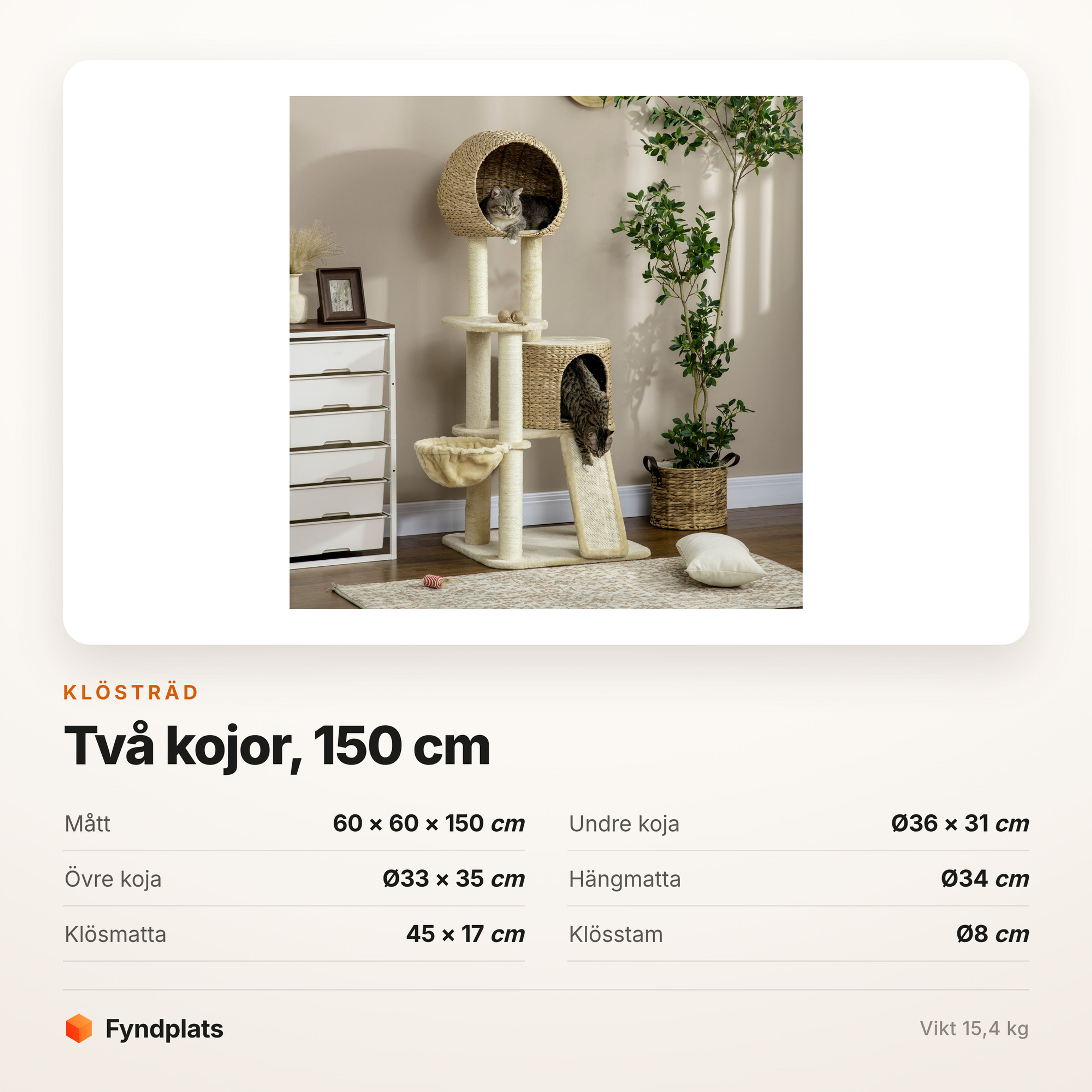 Klösträd 150 cm med två flätade kojor – hängmatta, klösmatta och grova stammar – bild 5