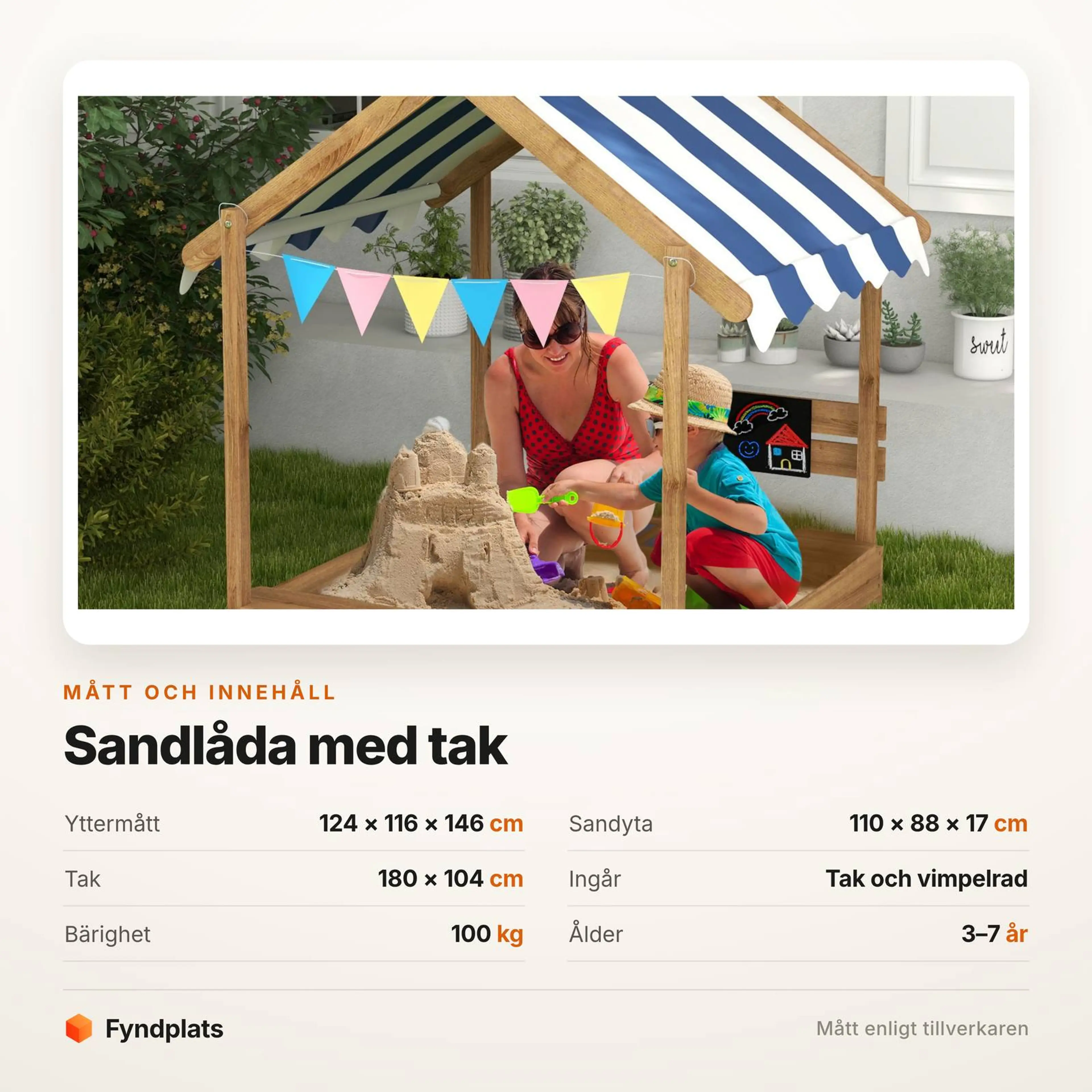 Måttkort: yttermått 124 × 116 × 146 cm och sandyta 110 × 88 cm