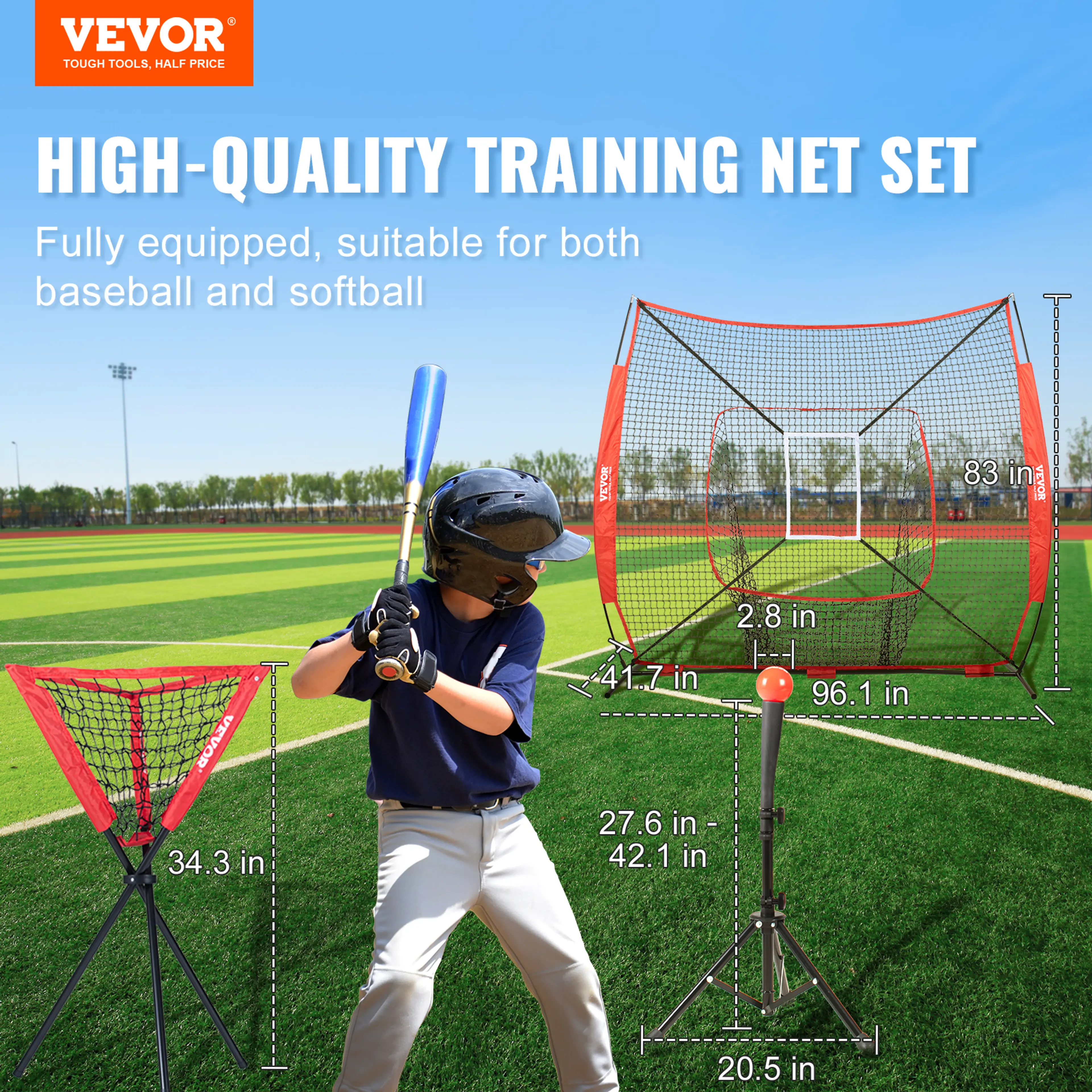 Baseball träningsnät 2,1 × 2,1 m – hopfällbart slagnät med tee, mål och boll