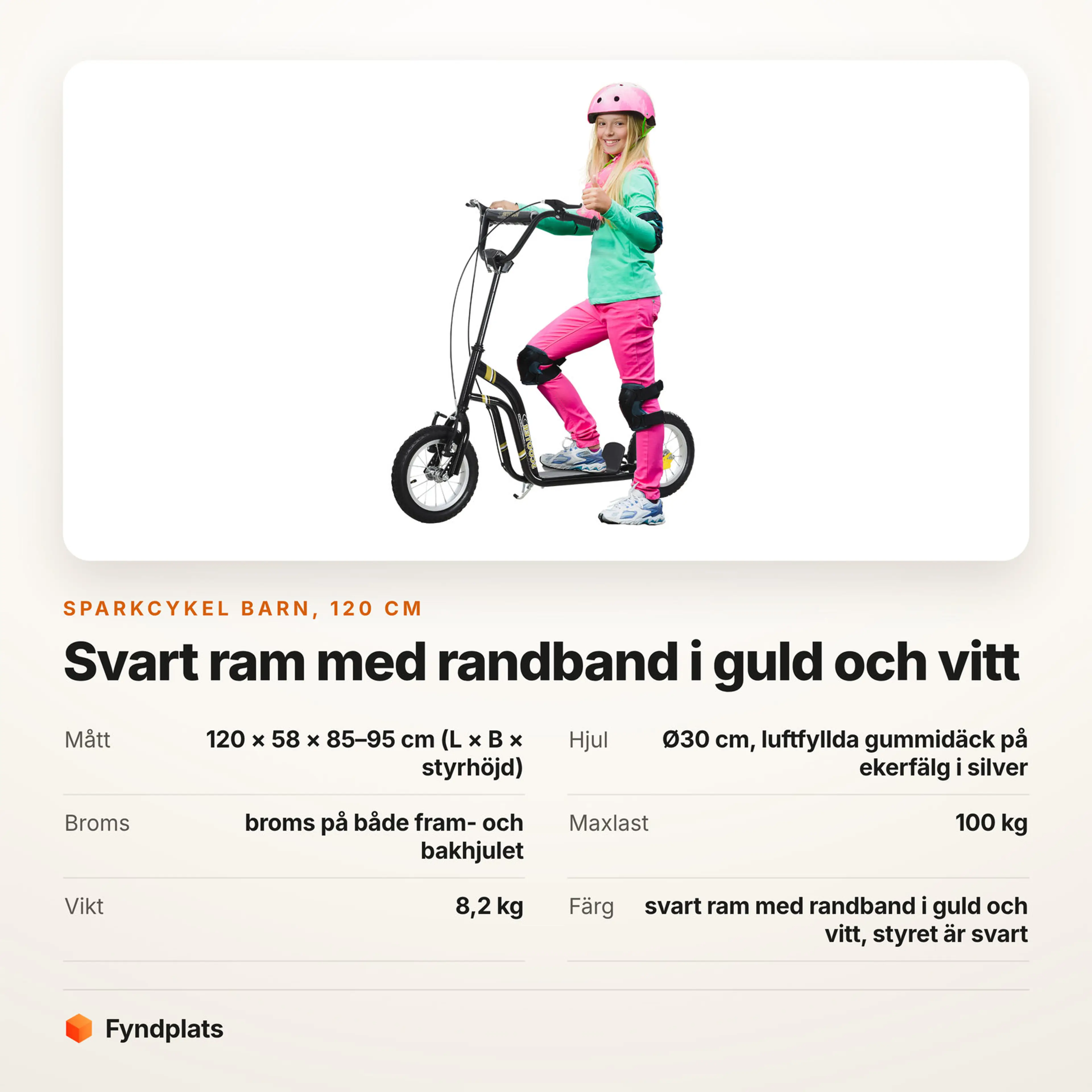 Faktakort: sparkcykel barn 120 cm, svart ram med randband i guld och vitt