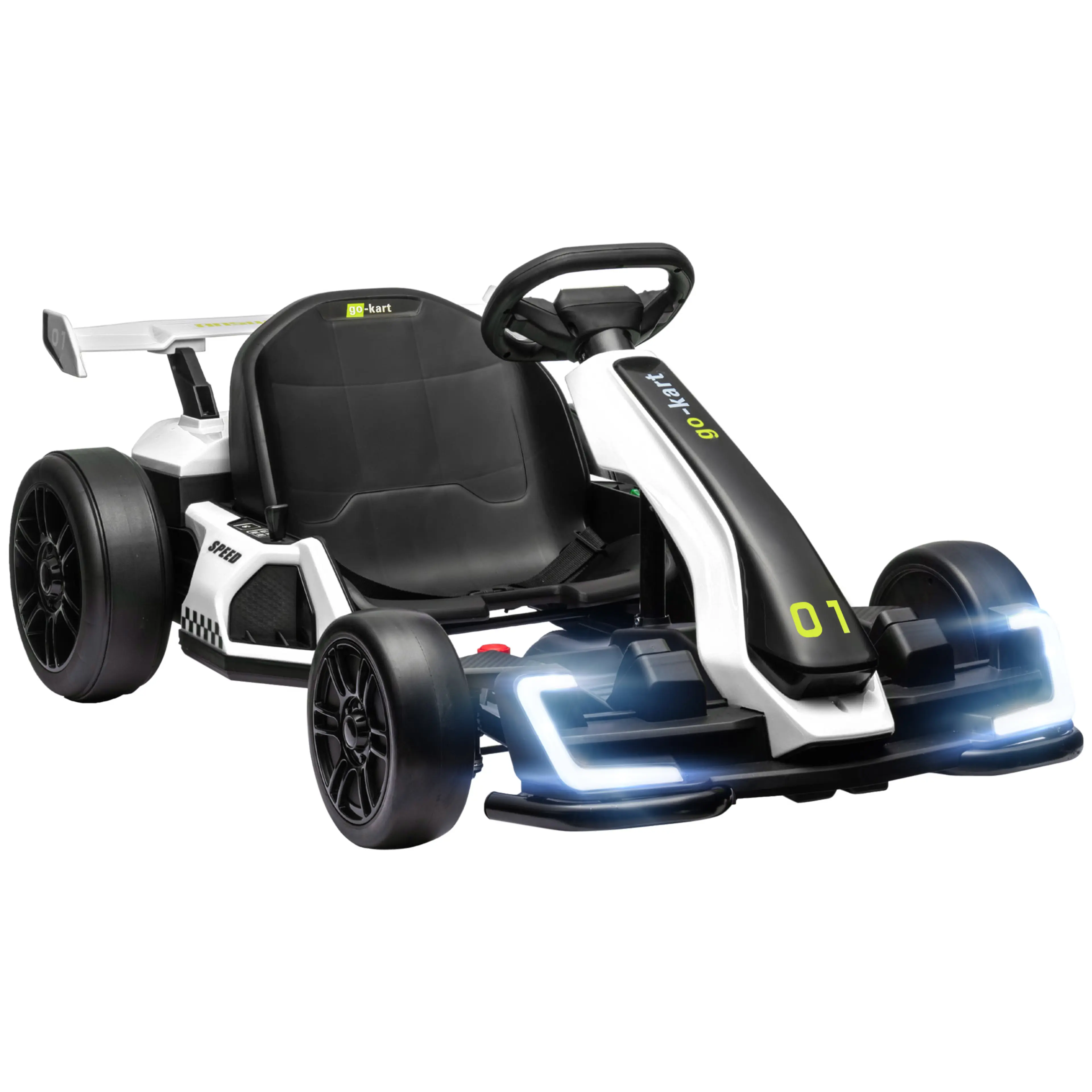 Vit och svart elgokart för barn med tänd LED-front och bakvinge, sedd snett framifrån