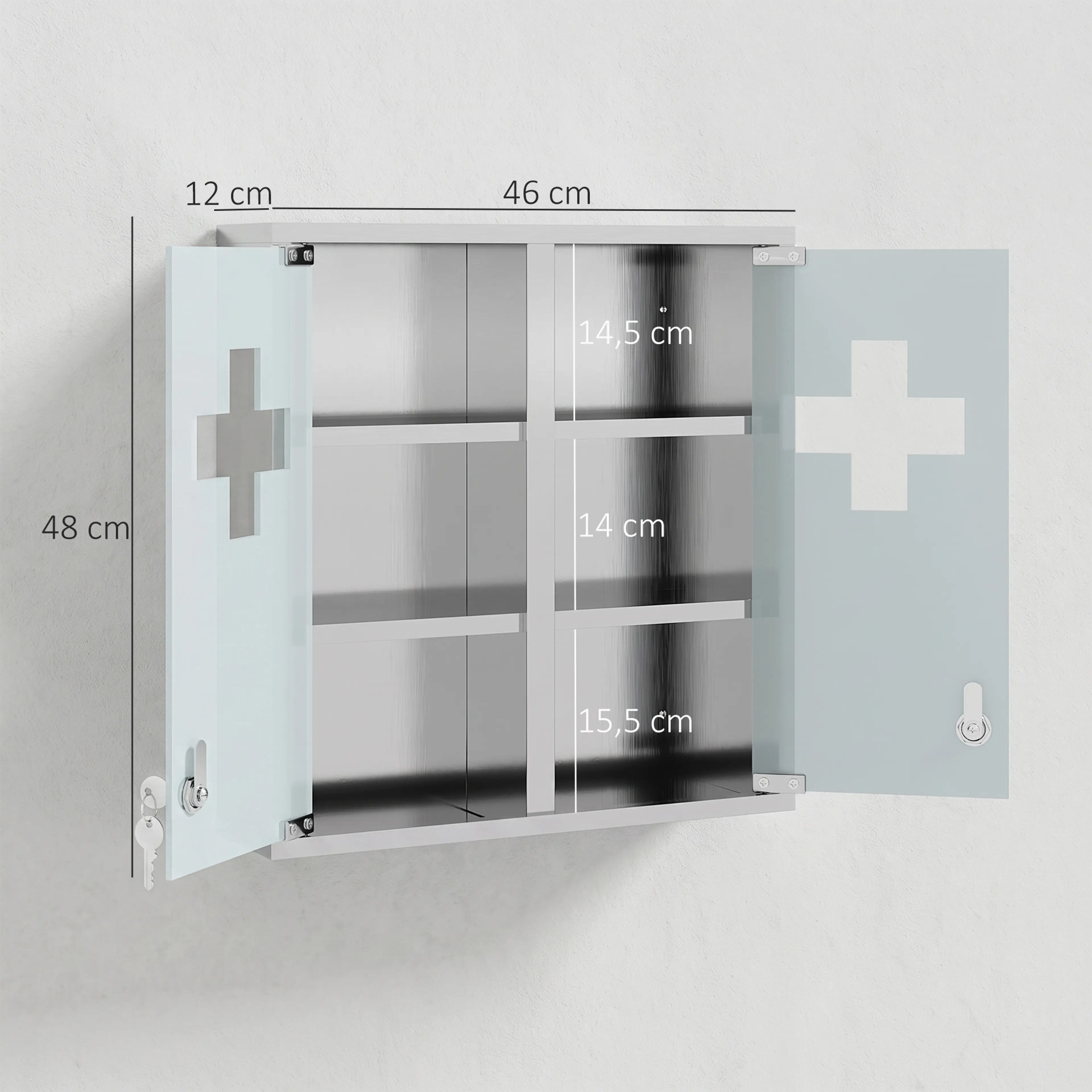 Måttritning över medicinskåpet: 46 cm brett, 48 cm högt, 12 cm djupt