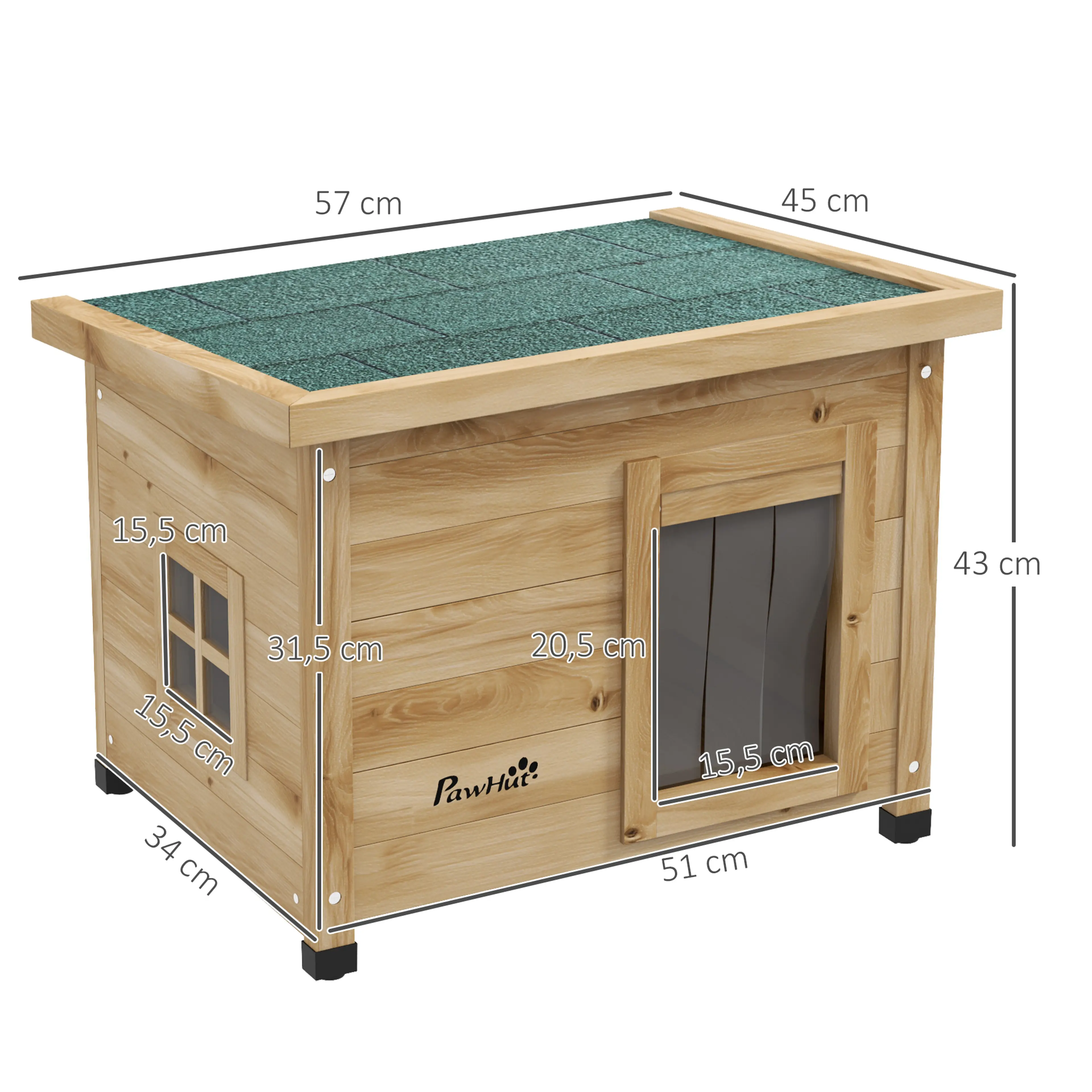 Måttskiss: katthuset är 57 × 45 × 43 cm med öppning 15,5 × 20,5 cm