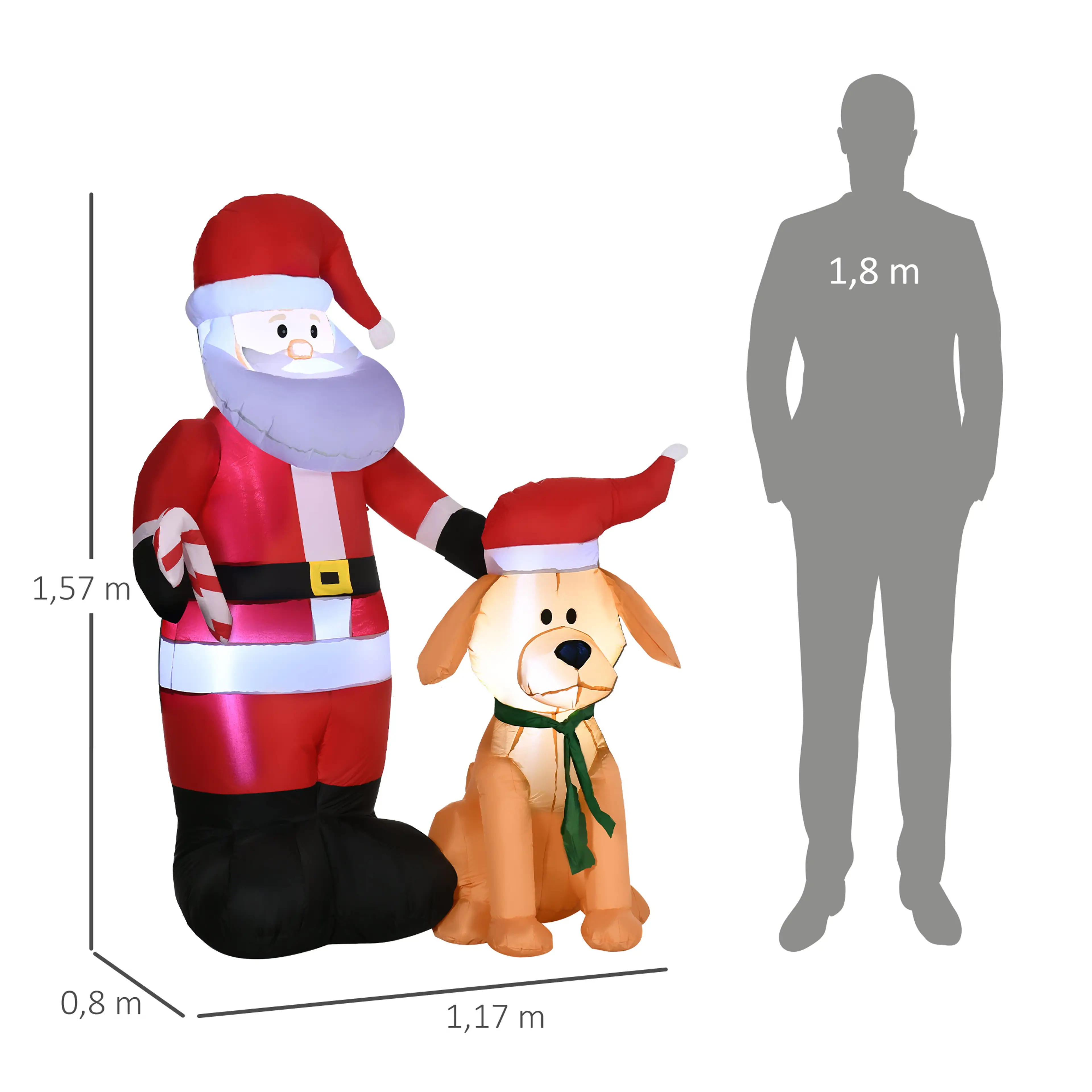 Måttskiss där tomten med hund på 1,57 m jämförs med en person, bredd 1,17 m och djup 0,8 m