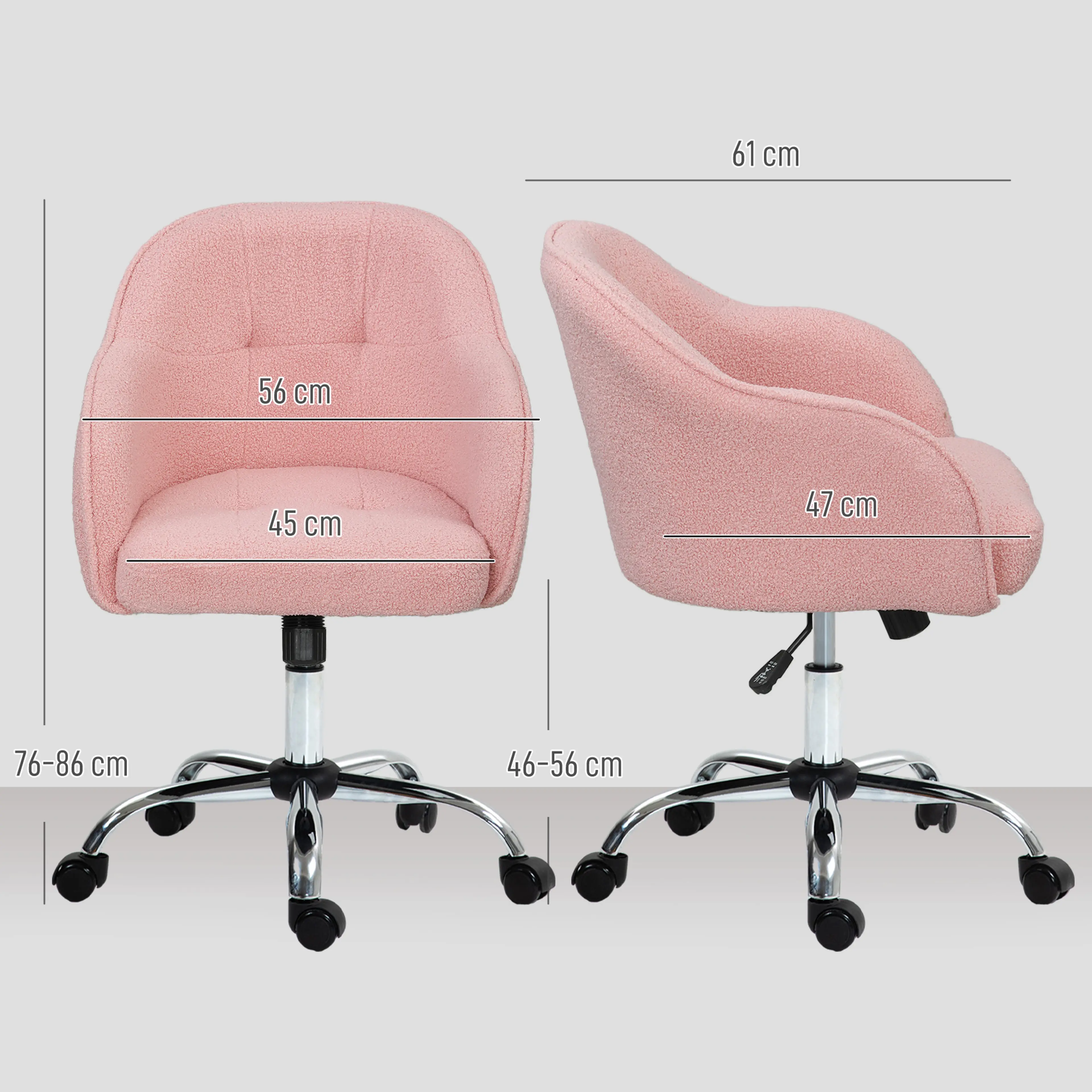 Sminkstol i rosa teddytyg, måttskiss med mått i centimeter, framifrån och från sidan