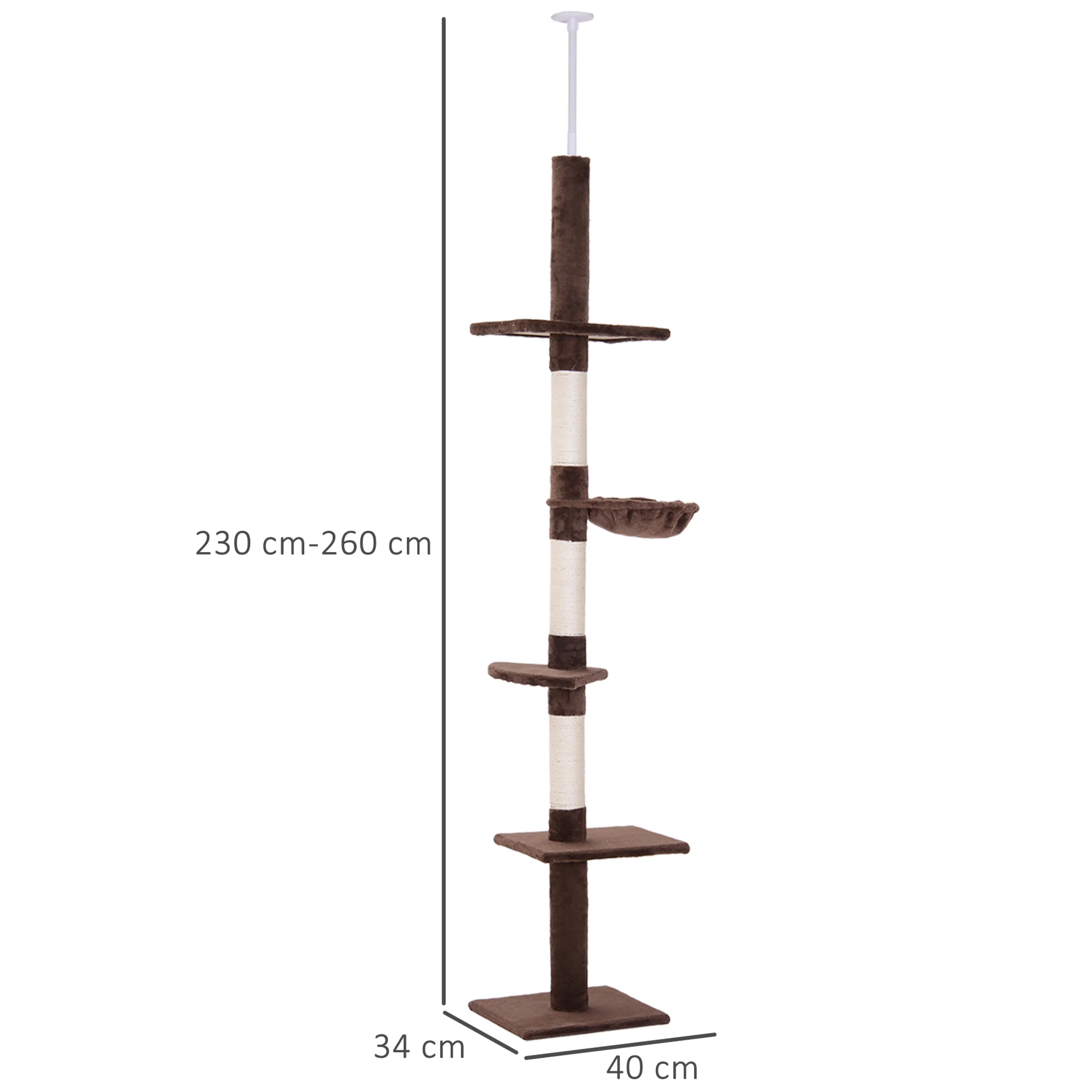 Måttskiss: 40 × 34 cm golvyta och 230–260 cm höjd