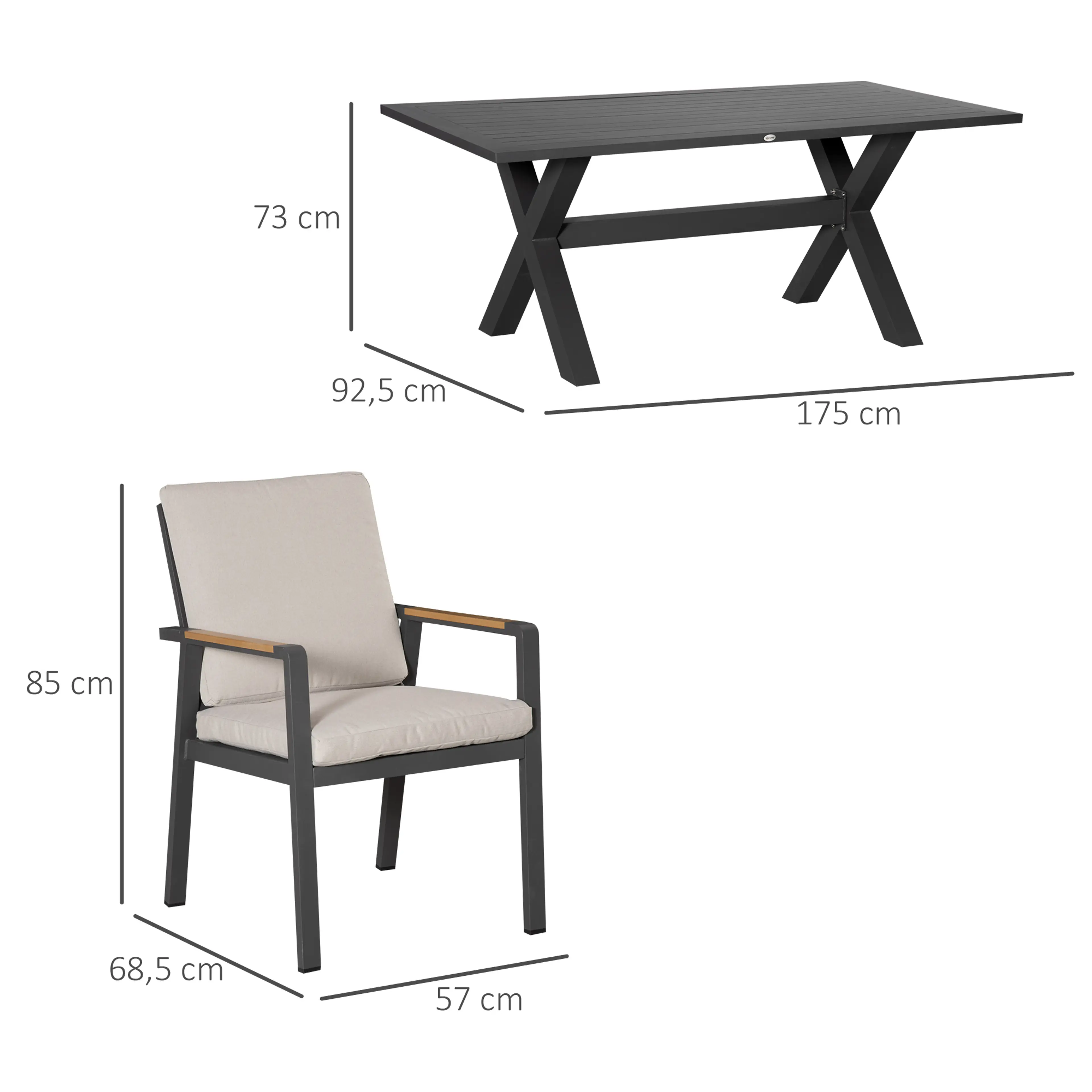 Måttritning: bord 175 × 92,5 × 73 cm och stol 57 × 68,5 × 85 cm