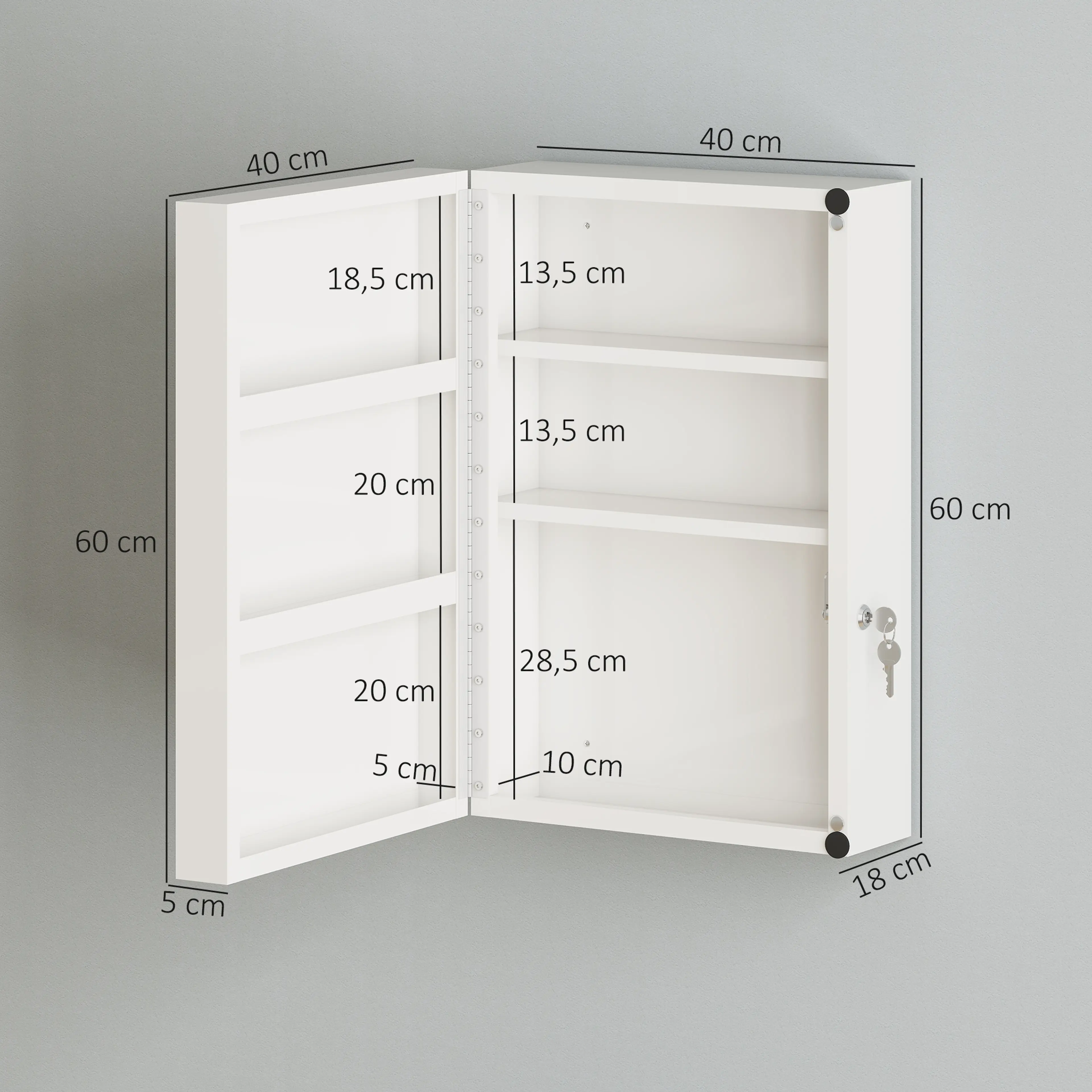 Måttskiss: skåpet 40 × 18 × 60 cm med dörrfack på 18,5 / 20 / 20 cm