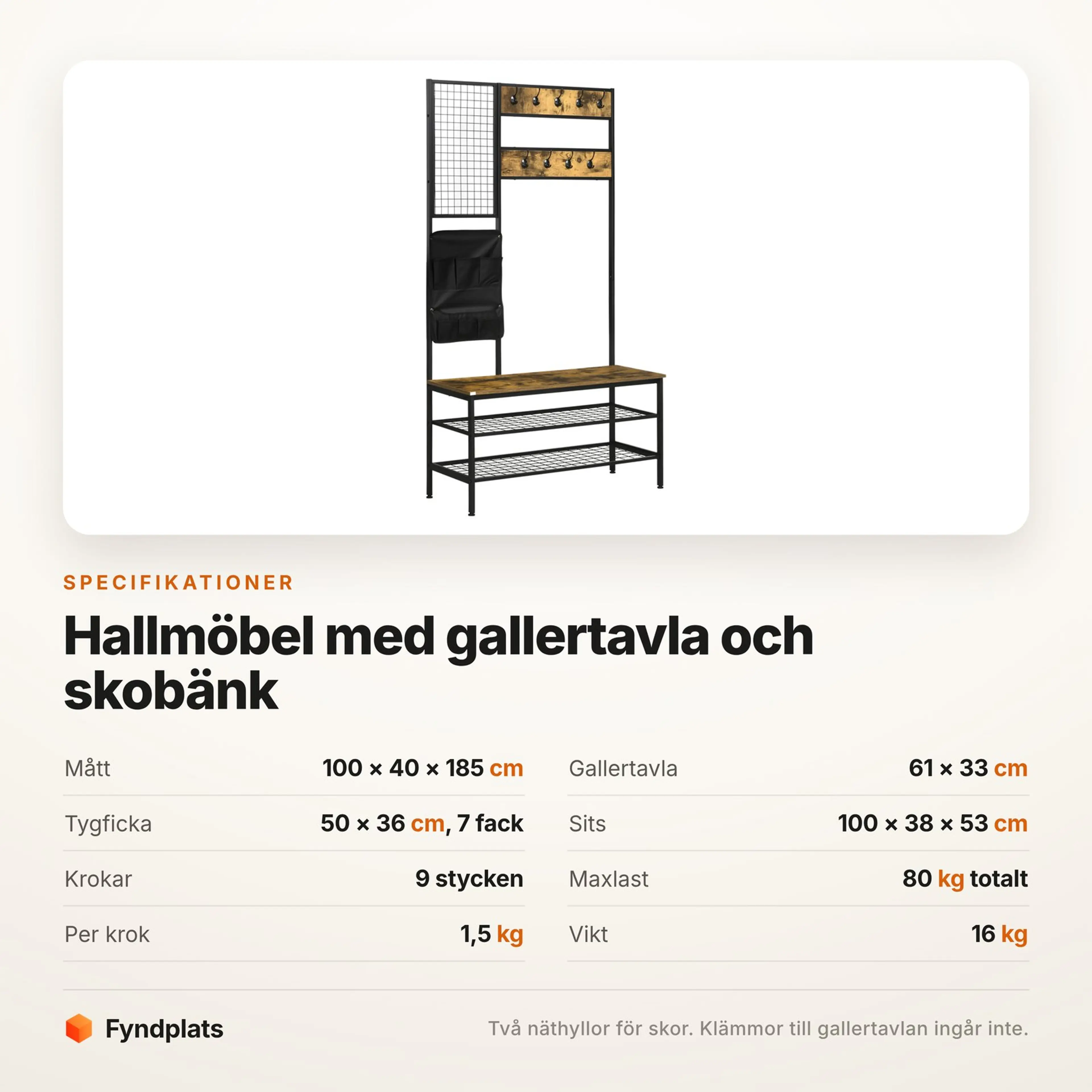 Fyndplats specifikationskort med hallmöbelns mått, gallertavla och maxlast