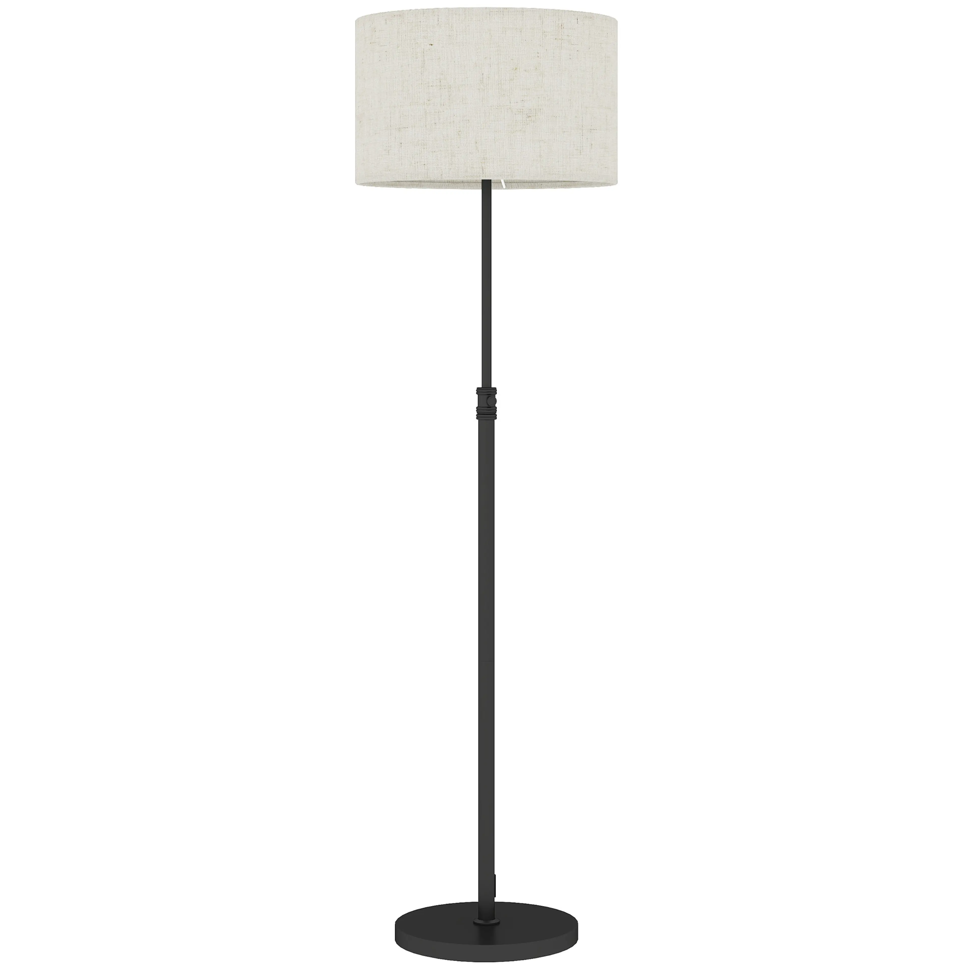 Golvlampa med en rund tygskärm i linnefärg på en svart stång med en rund svart fot, mot vit bakgrund