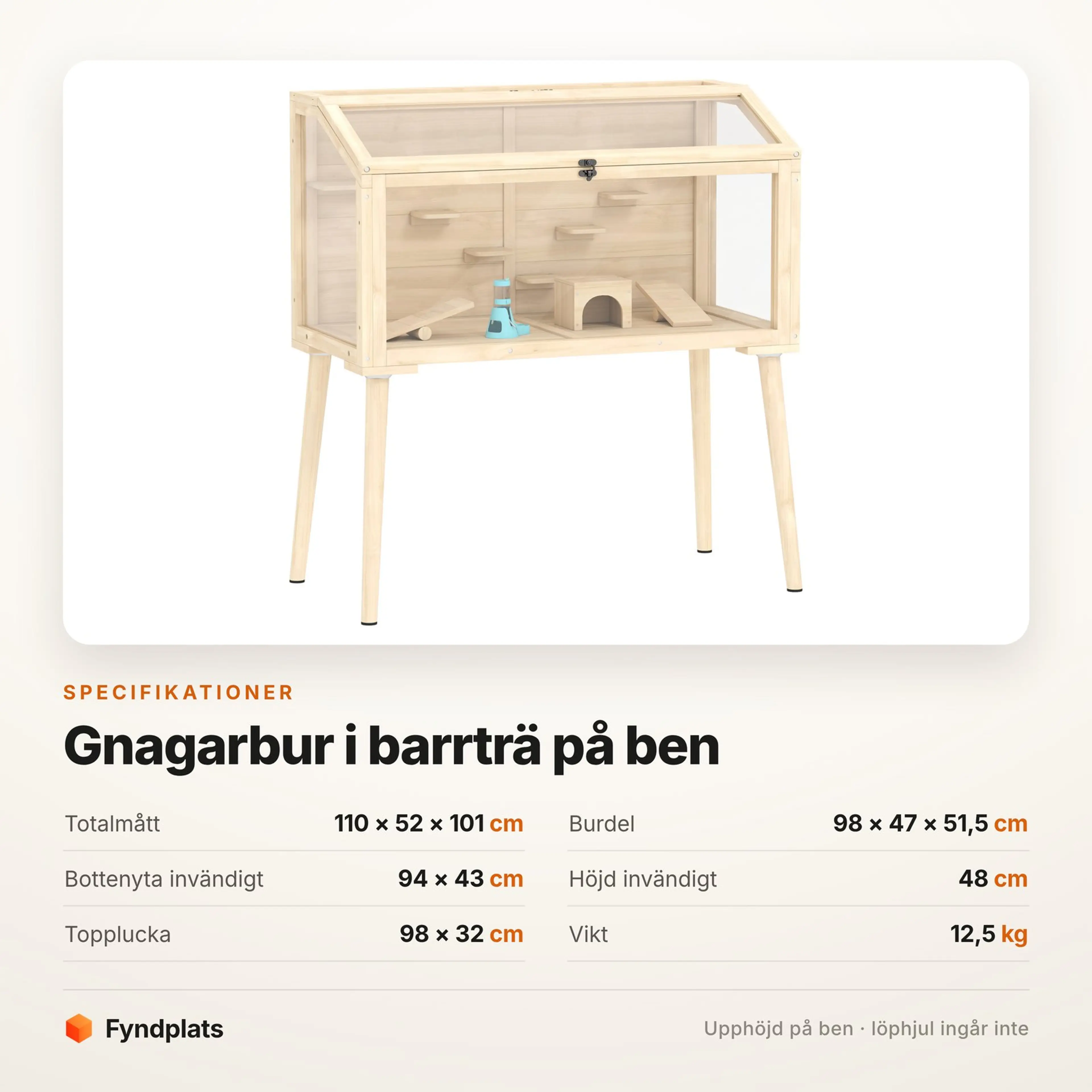 Stor hamsterbur 110 cm i trä på ben, ett öppet plan – bild 5