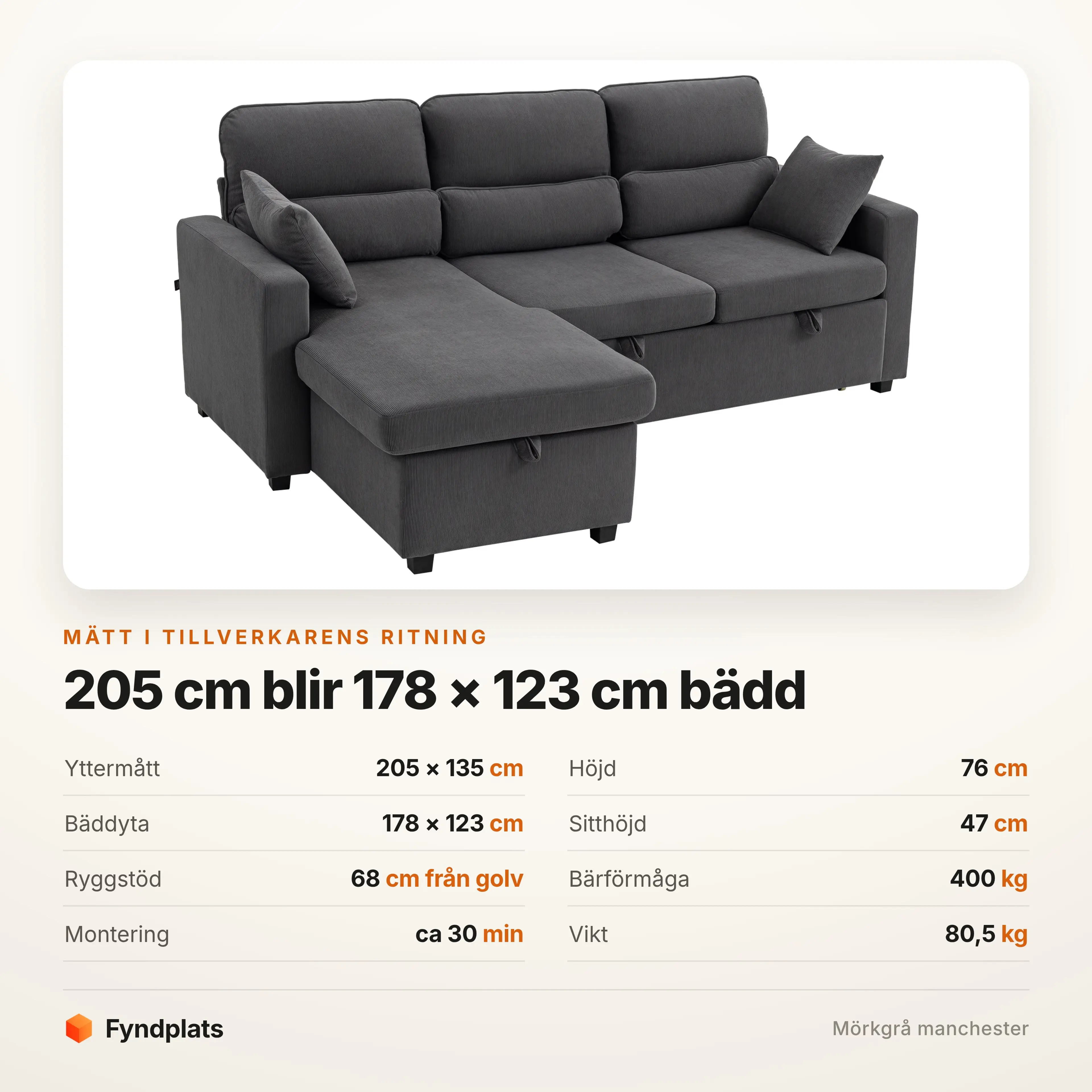 Specifikationer: 205 × 135 cm, bädd 178 × 123 cm, bär 400 kg